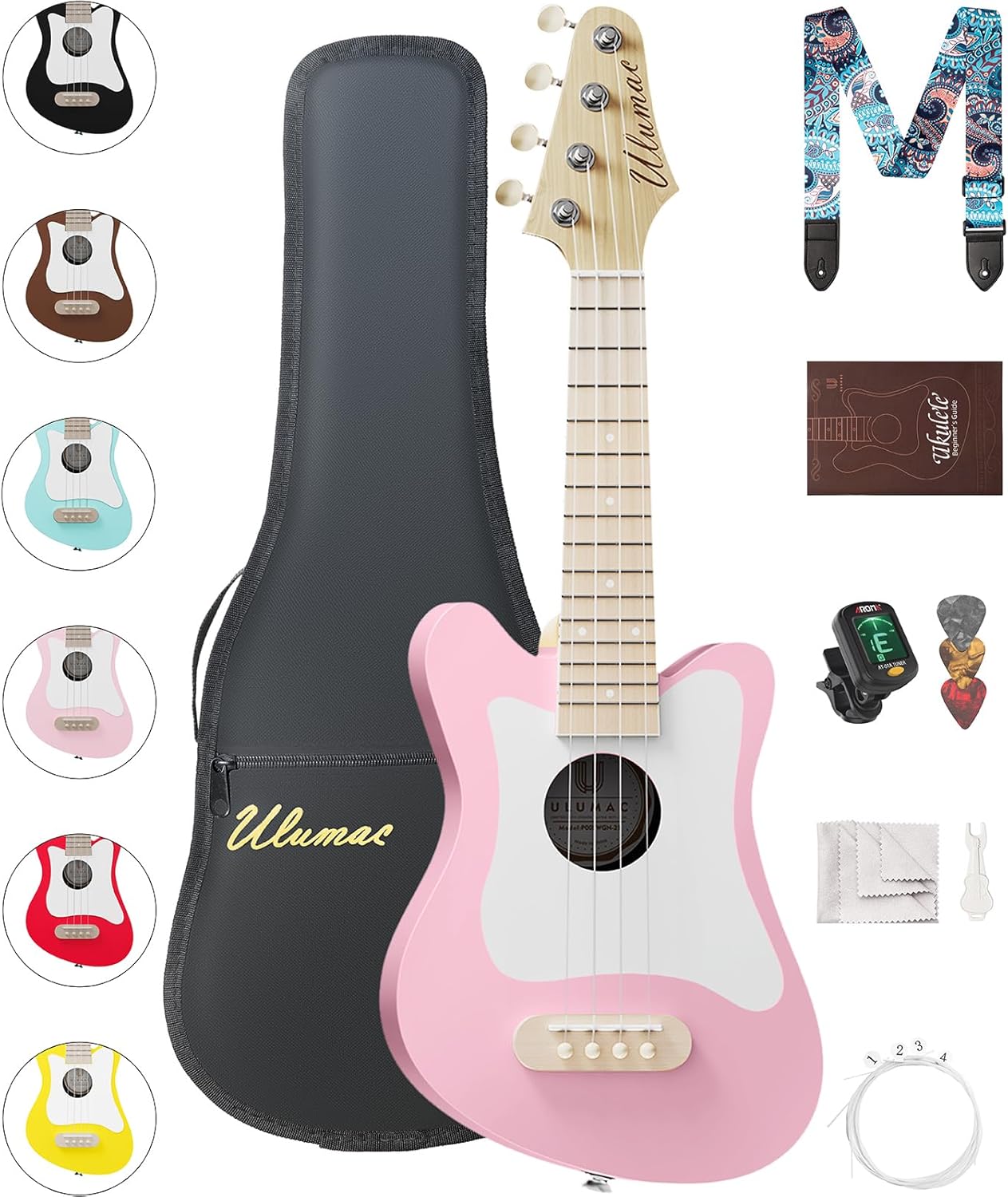 Ulumac Soprano Ukulele, Stylish Shape with White Pickguard Spruce 21.5 inch Ukelele Beginner Kit with Gig Bag, Digital Tuner, Replacing Strings, 3 Guitar Picks, Strap, Cloth, Pink, P005WPN