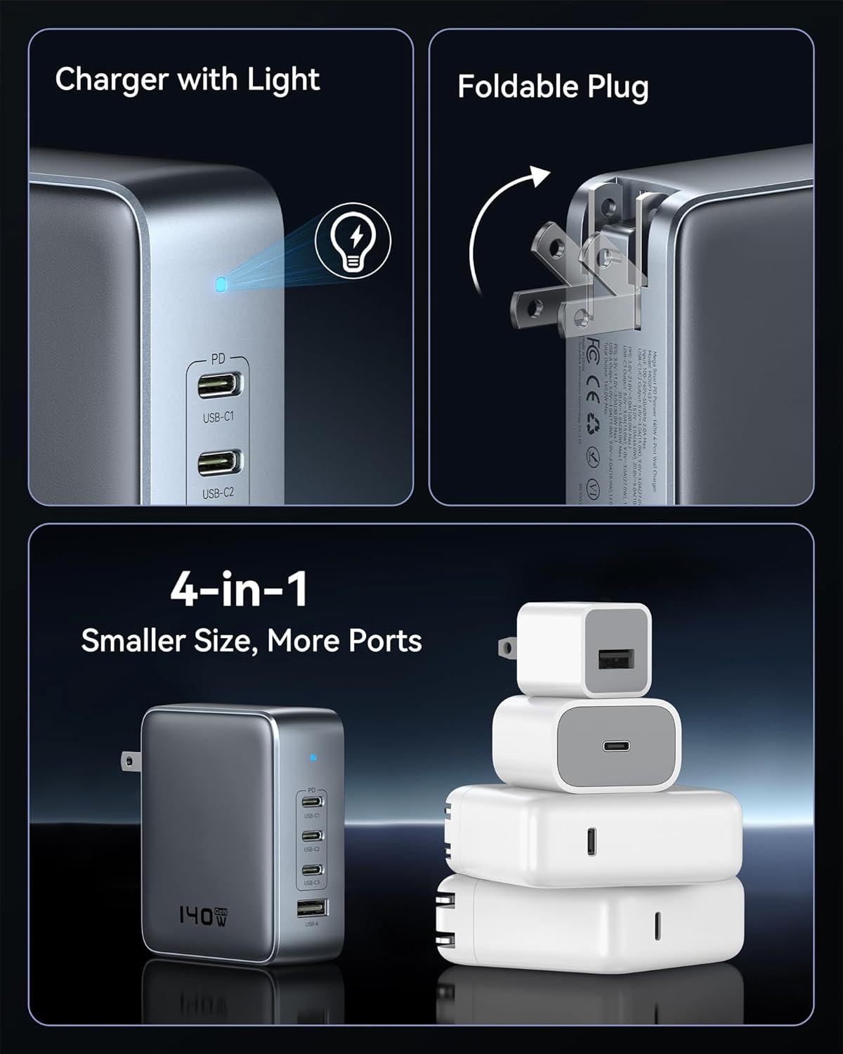 USB C Charger Block 140W, 4-Port GaN PD3.1 PPS Fast Laptop Charger Foldable Compact Power Adapter for MacBook Pro, iPhone 17/16/15 Series, iPad Air, Galaxy S25/S24 Ultra, Steam Deck, Google Pixelbook - Image 6