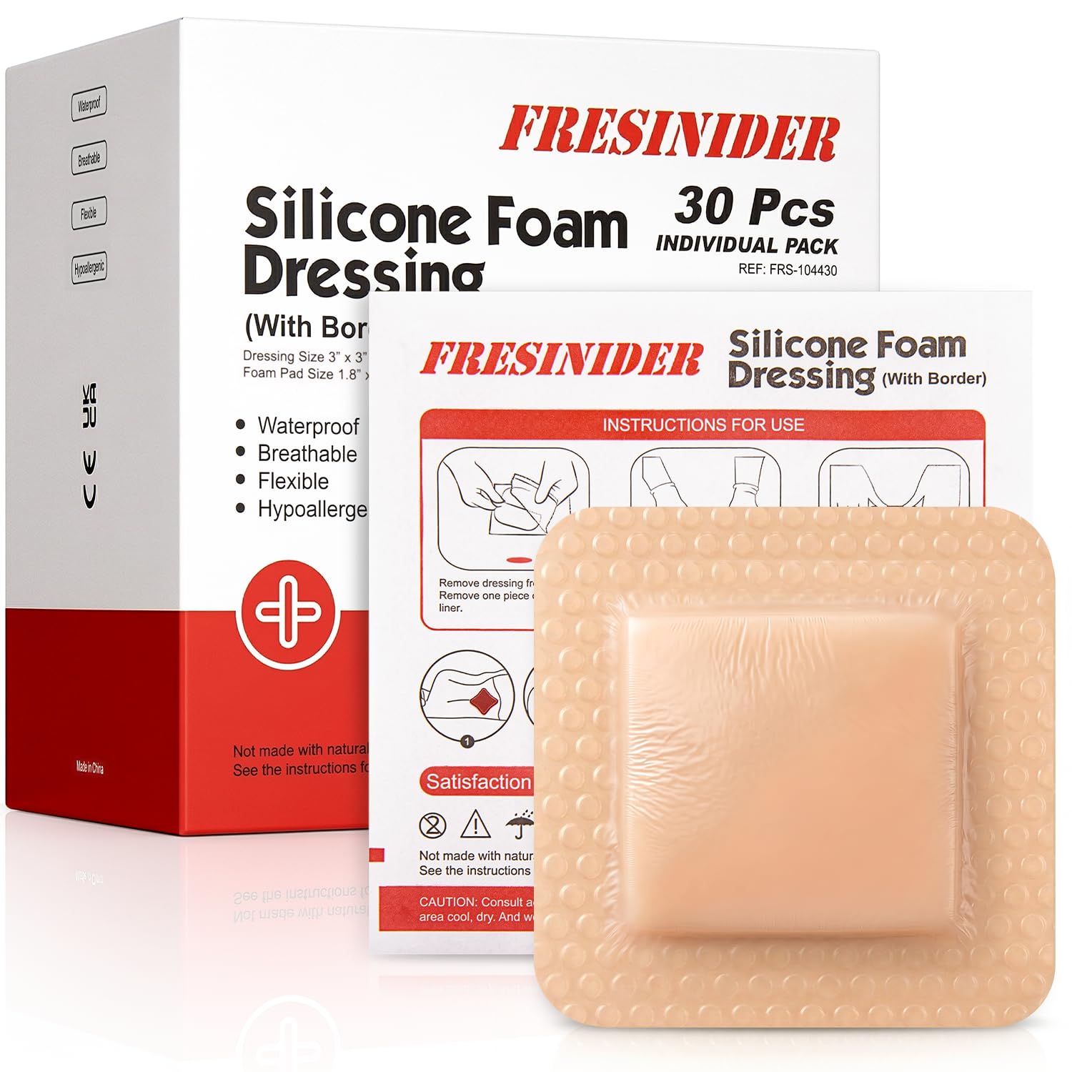 FRESINIDER Silicone Foam Dressing 3" x 3", 30 Pack – Soft Silicone Wound Dressing Pads for Pressure Areas, Ulcers &amp; Post-Surgery Care, Highly Absorbent, Breathable &amp; Gentle on Skin