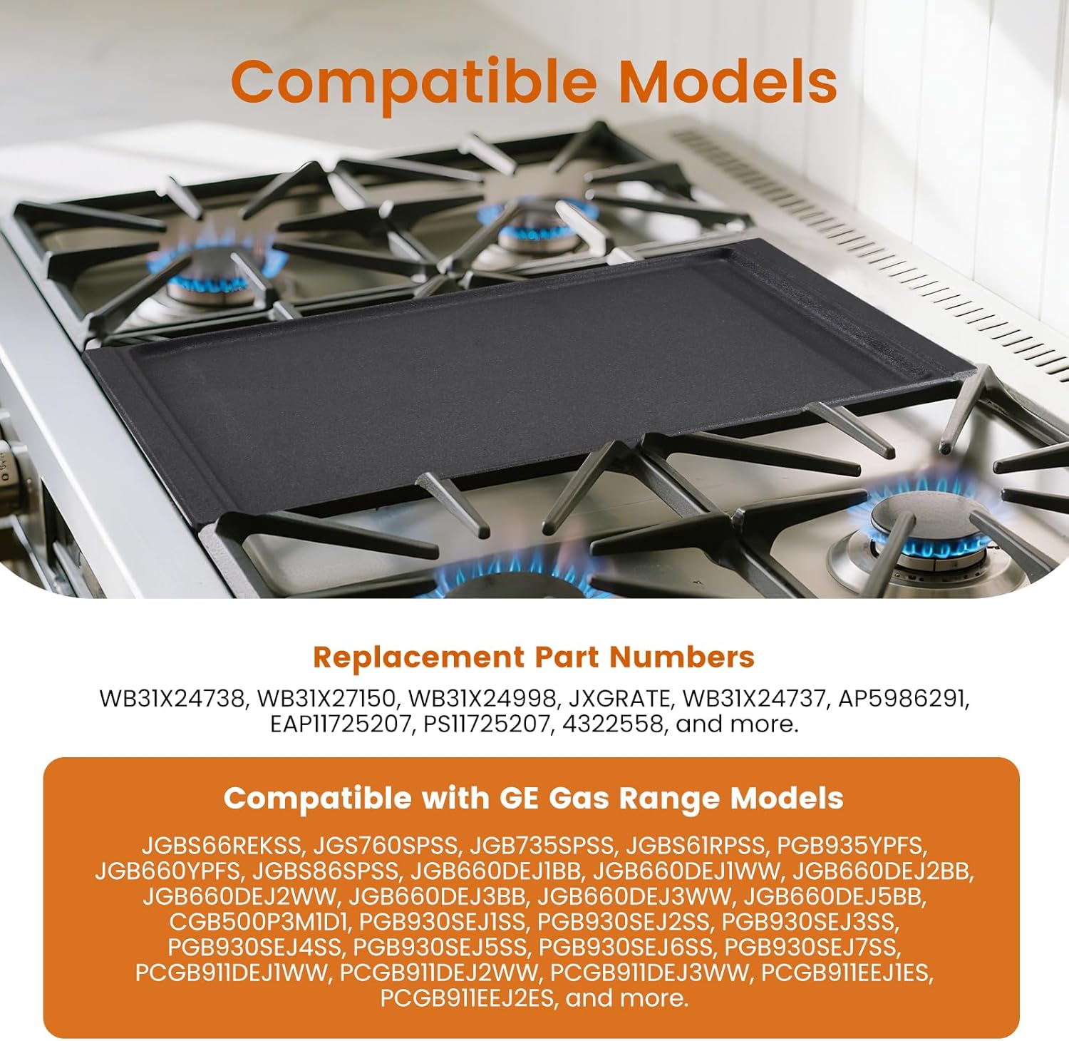 WB31X24738 Griddle Replacement Parts Compatible With GE Stove Top Pan WB31X24998, Cast Iron Center Griddle Plate General Electric Gas Range Cook top Grid JGB700SEJ4SS JGSS66SEL3SS Flat Top Pan