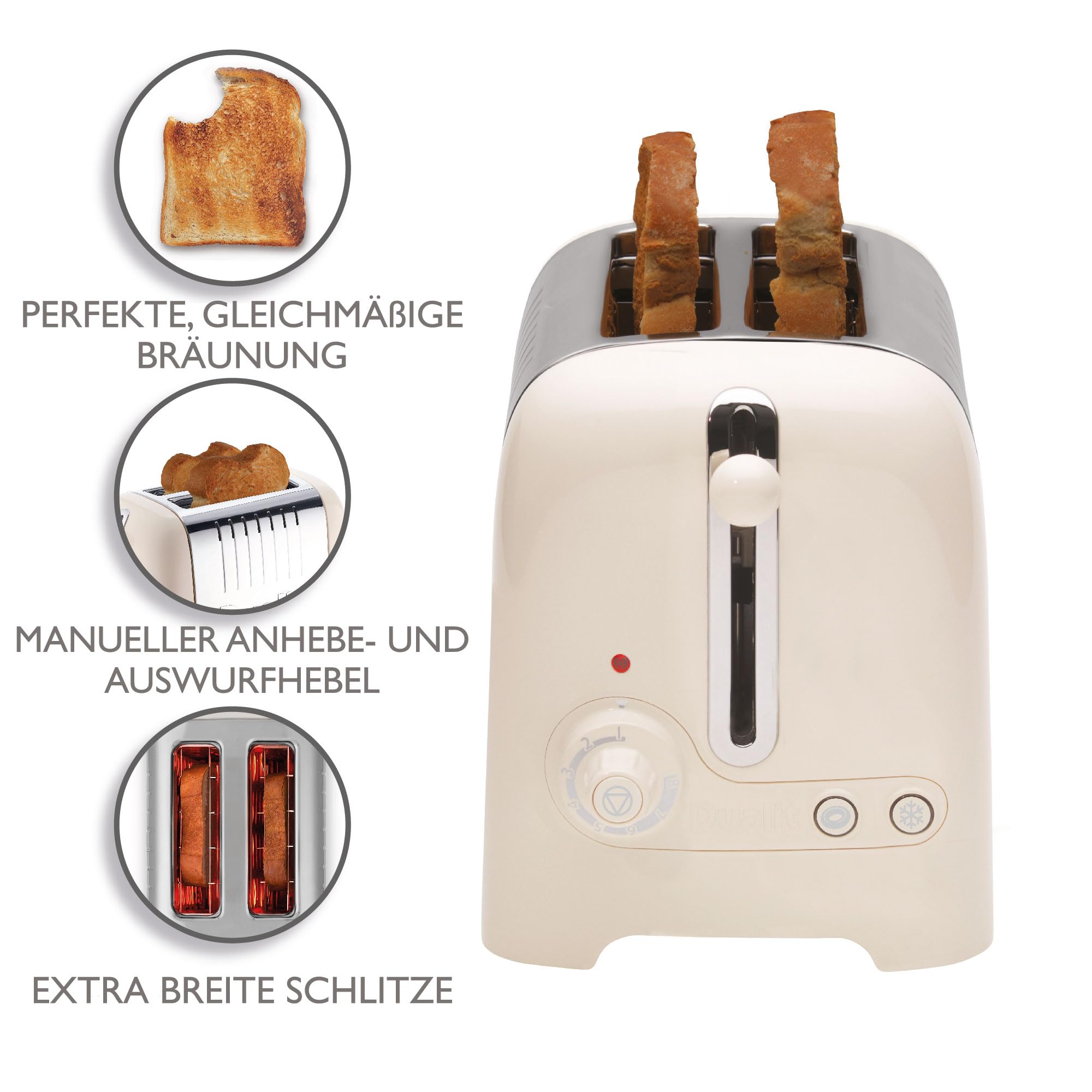 Dualit Lite Tostadora de Pan 2 Rebanadas - 1,1kW / Tuesta 60 Rebanadas en Una Hora – Pulido con Borde Blanco Lienzo Gran Brillo – Ajuste Bagel y Descongelar – Tostadora Ranura Ancha 36mm