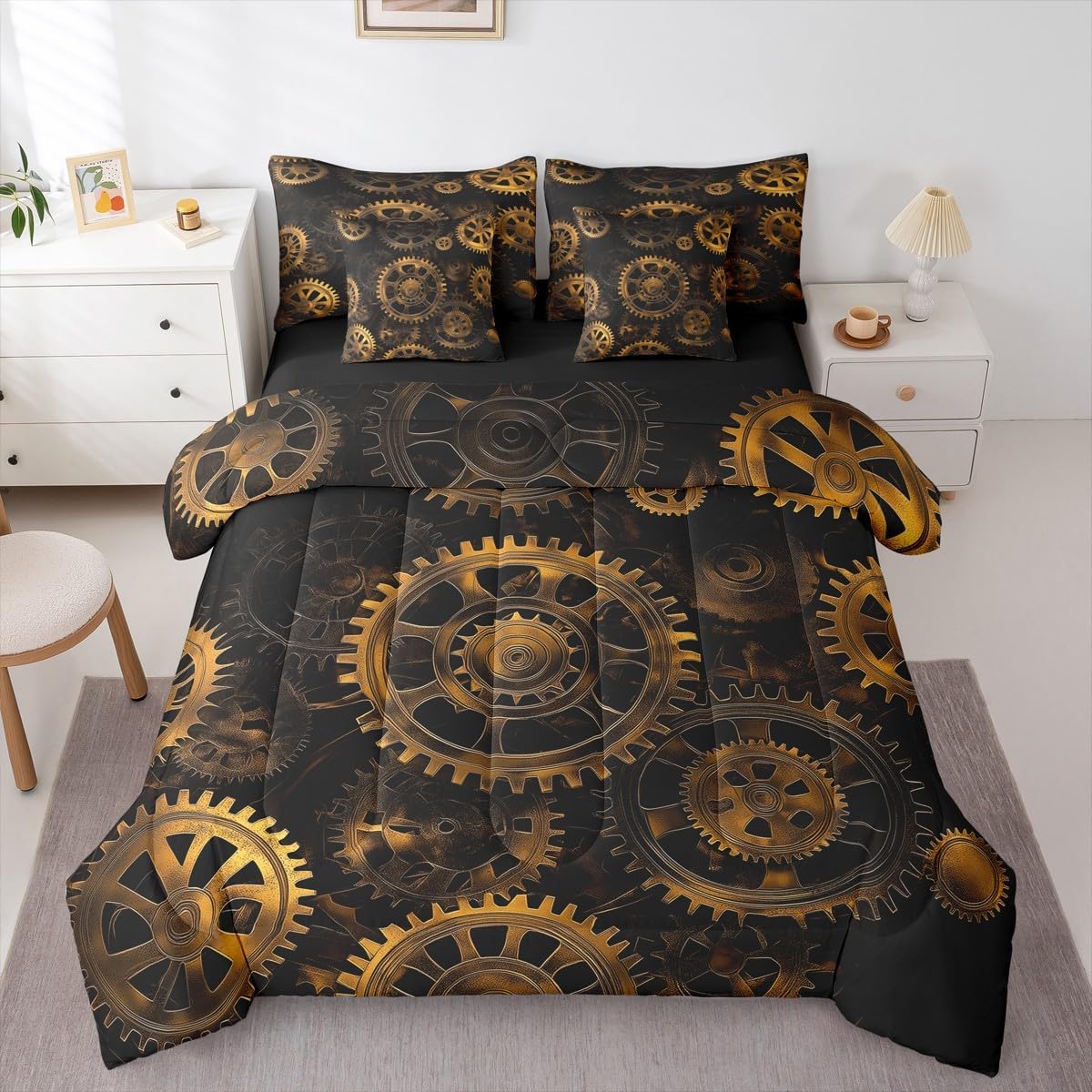 Erosebridal Golden Ndustrial Gear Twin Comforter Set, Steampunk Style 7-Piece Bed in A Bag, Clocks Theme Sheets and Pillowcases, Retro Mechanical Device Kids Adult Bed Sets