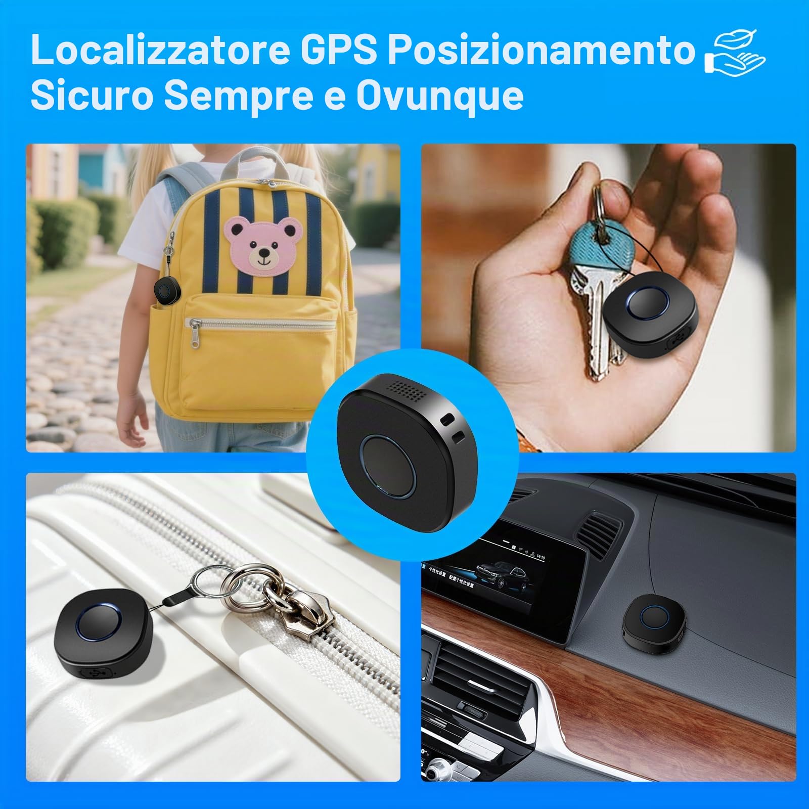 LNCOON Tracker GPS personale per bambini, anziani e cani, zaino mini localizzatore GPS portatile per auto con cinghia e clip per lo zaino, pulsante SOS richiesto abbonamento