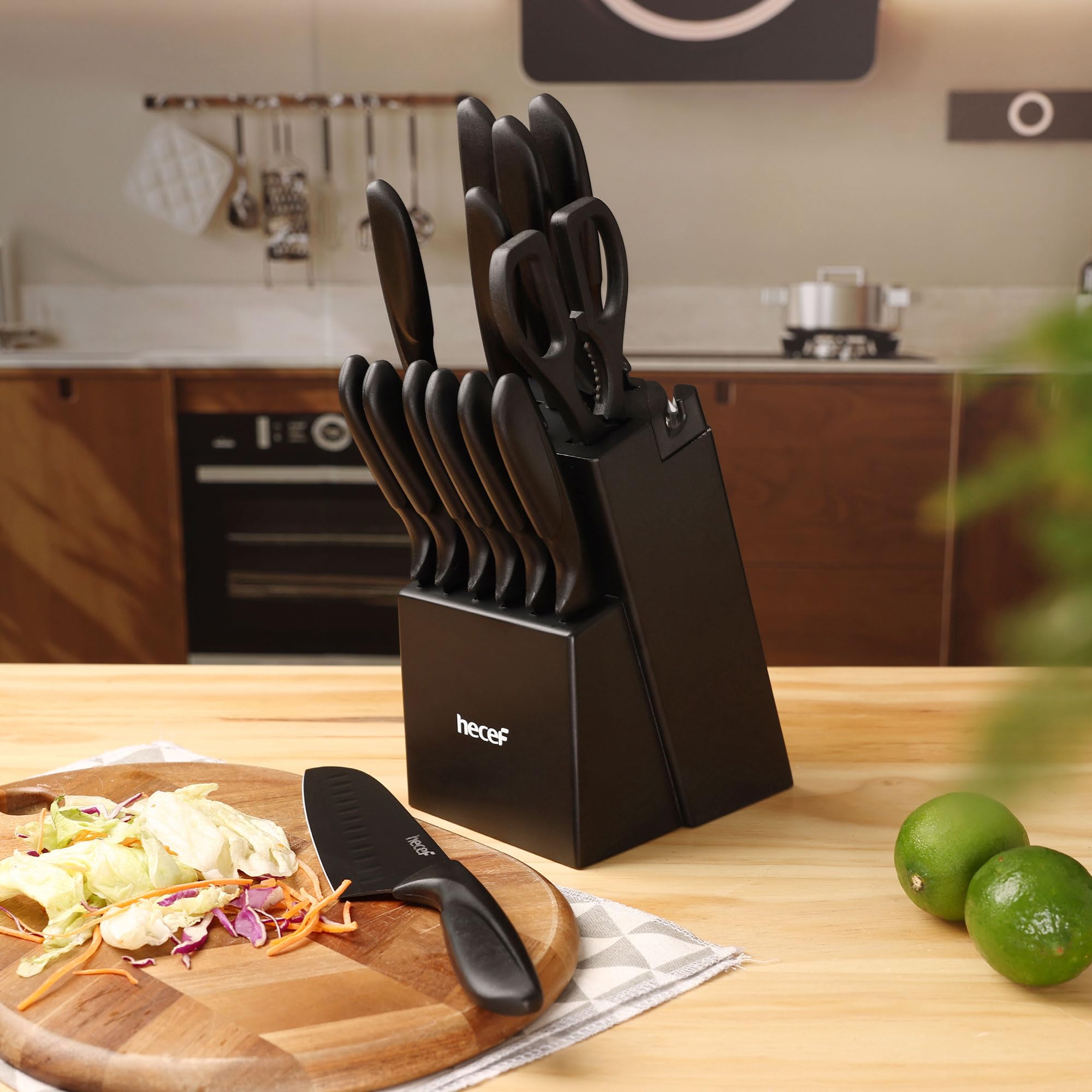 hecef Set de Couteaux de Cuisine 14 Pièces, Bloc Aiguiseur Intégré, Noir | Acier inoxydable, revêtement antiadhésif, manches ergonomiques, gain de place, idéal pour équiper une première cuisine