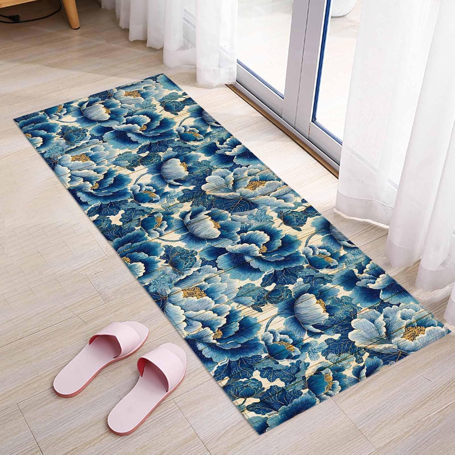 Teamery Kitchen Mats for Floor Watercolor Blue Peonies Washable Non Slip Kitchen Rugs 1PCS, Country Floral on Wood Board Absorbent Standing Mats for Sink Bathroom Office Living Room 23.6x70.9in