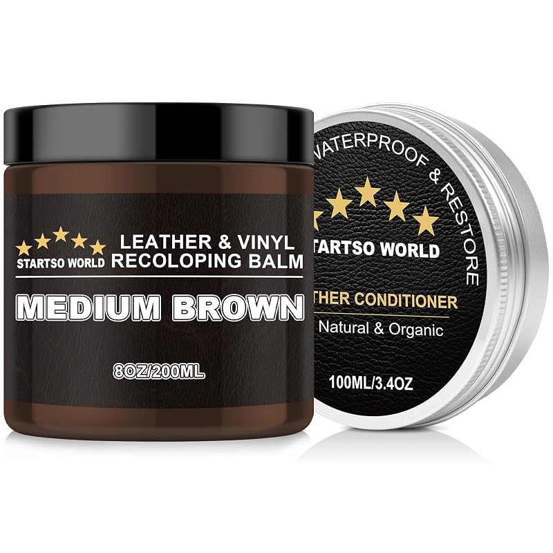 STARTSO WORLD Kit de Reparo e Recoloração de Couro Marrom Médio com Bálsamo de 200 mL e Condicionador de 100 mL
