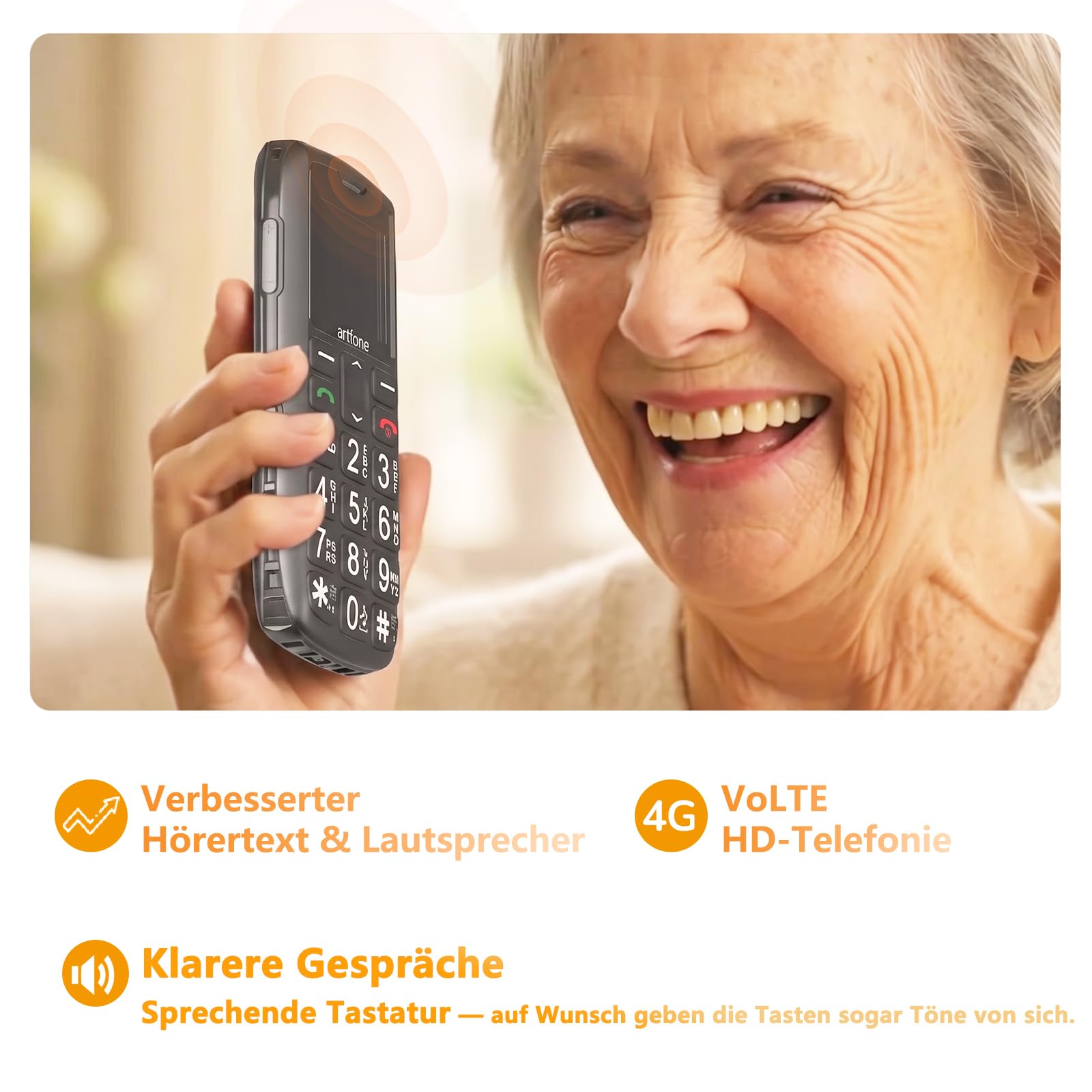 artfone 4G Seniorenhandy ohne Vertrag | Rentner-Handy Große Tasten | Lange Standby-Zeit | Tastenhandy mit Notruftaste | Ladestation |Nano SIM | USB-C |Volte