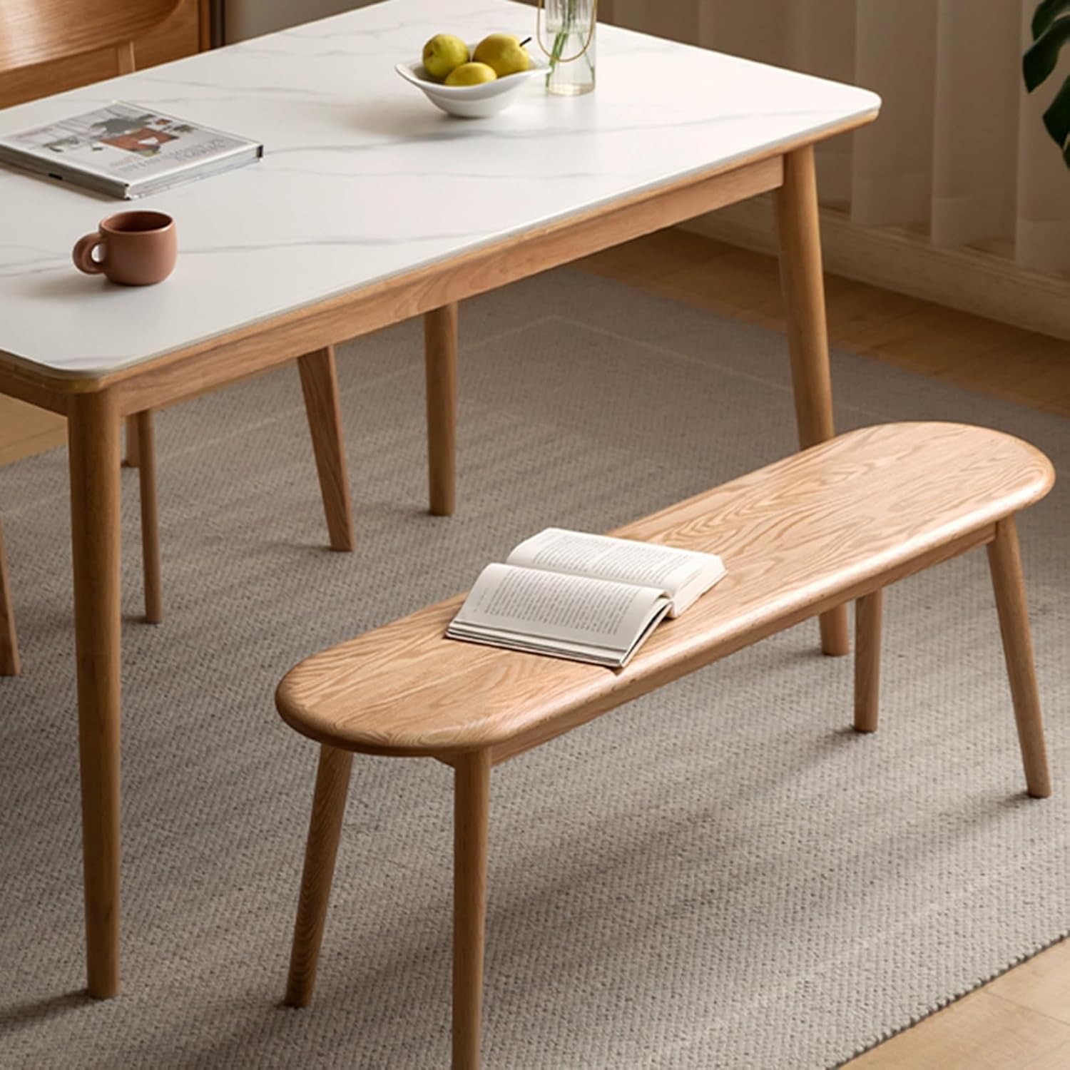 Oak Dining Bench, Wooden Entryway Bench Shoe Bench, Farmhouse Solid Wood Long Bench, Kitchen and Dining Room Furniture, Modern End of Bed Bench for Bedroom Living Room Hallway(Wood color,140cm/55.1in)