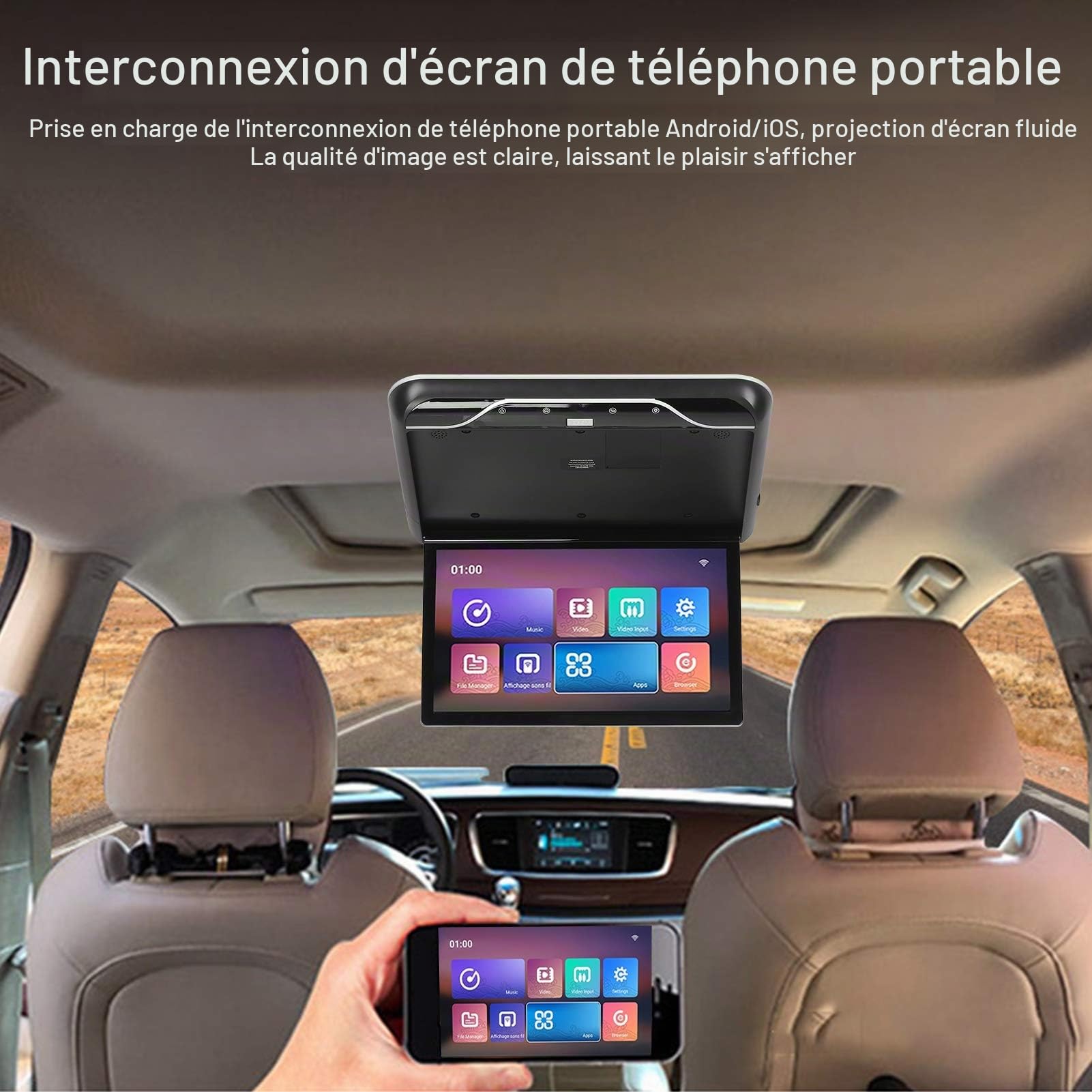 Akozon Lecteur DVD de Toit de Voiture 19 Pouces Moniteur Rabattable Téléviseur au Plafond HDMI- Compatible avec la Télécommande pour Android 9.0 Rabattre L'écran Supérieur(Noir)