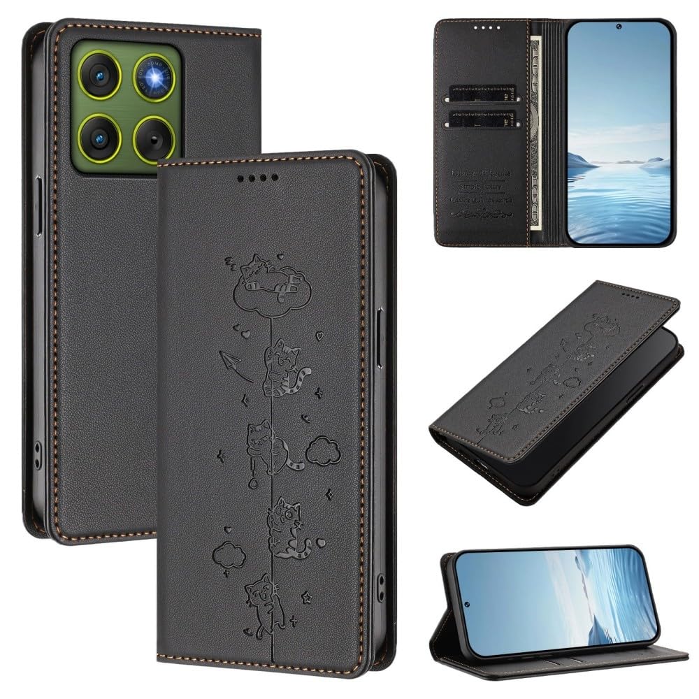 Protection Motorola G55 5G Étui Cuir Noir Chat Évite l'Écran Rayé dans le Sac à Main - 8