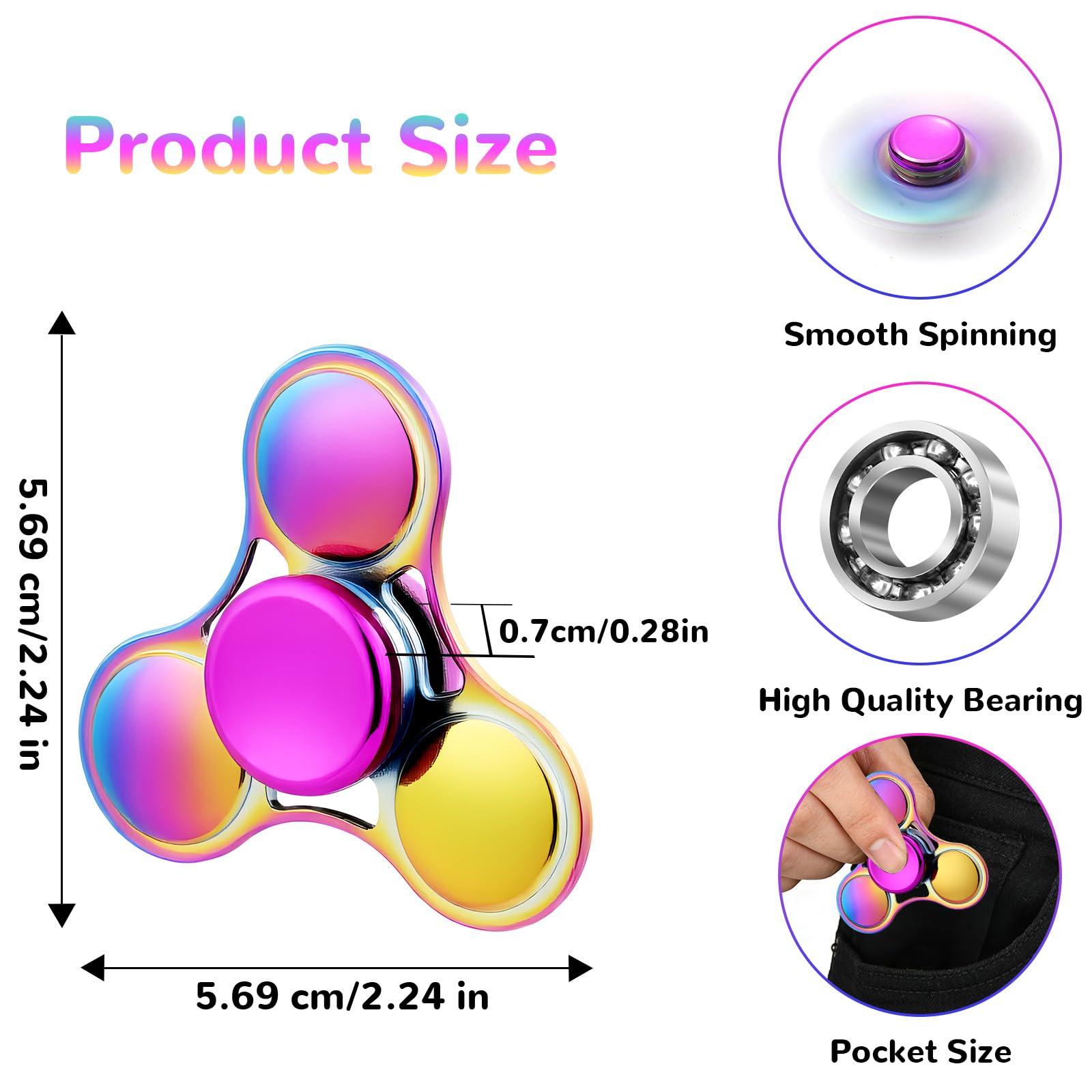 SCIONE Metal Fidget Spinner, Rainbow Alloy Anti-Stress Toy, High-Speed R188 Bearing for 2-3 Min Spin - Image 4