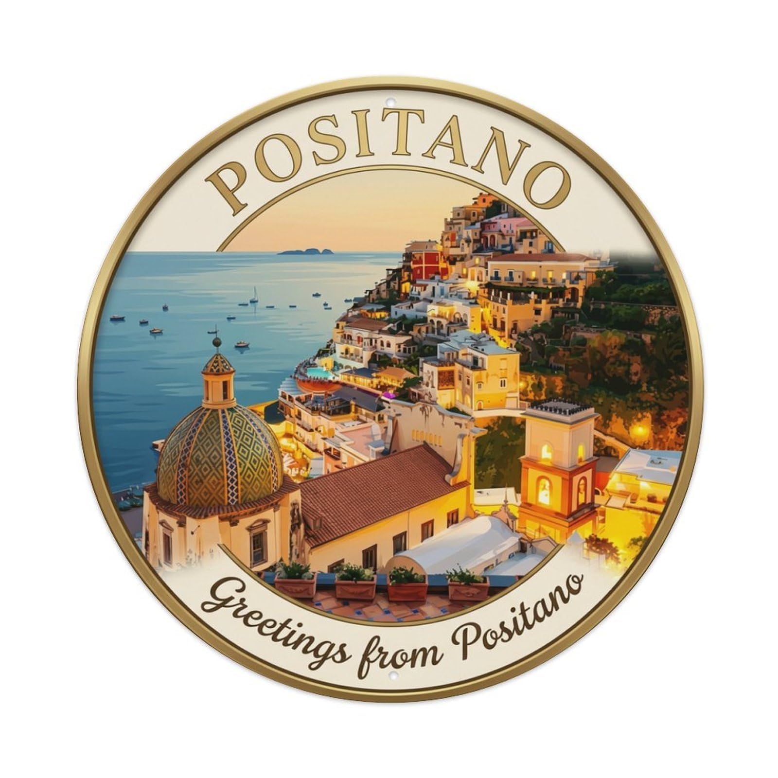 Vintage Travel Positano Italy Amalfi 1 Metal Tin Sign Plaque Wall Decor for Cafe, Club, Garden Round Metal Poster 8x8Inch
