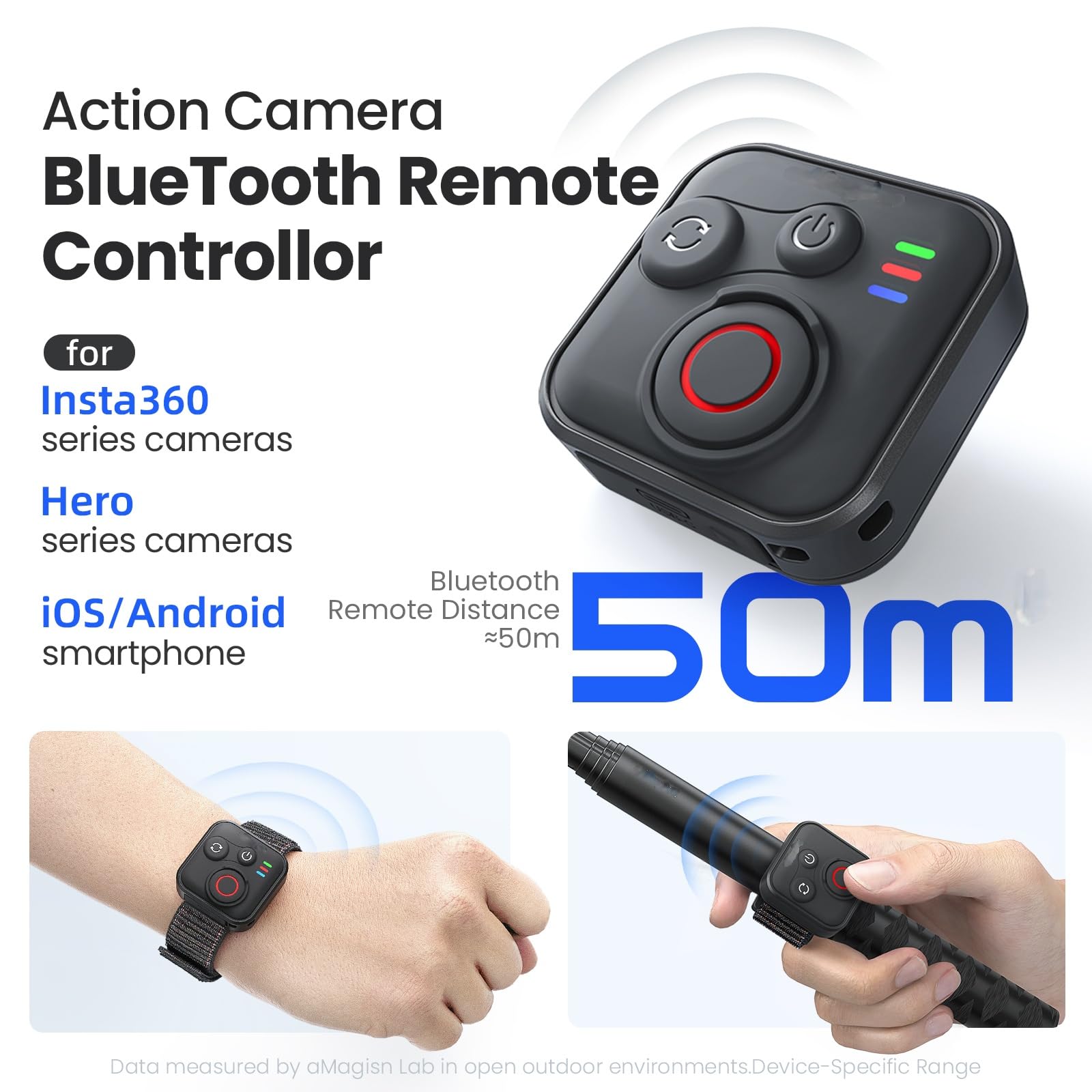 Telecomando Bluetooth compatibile con Insta360 X5/X4/X3/X2/GO 3/GO 3S/Ace Pro/Pro portata 2,50 m, batteria 96 ore, impermeabile, cinghie da polso e di supporto per action camera e smartphone