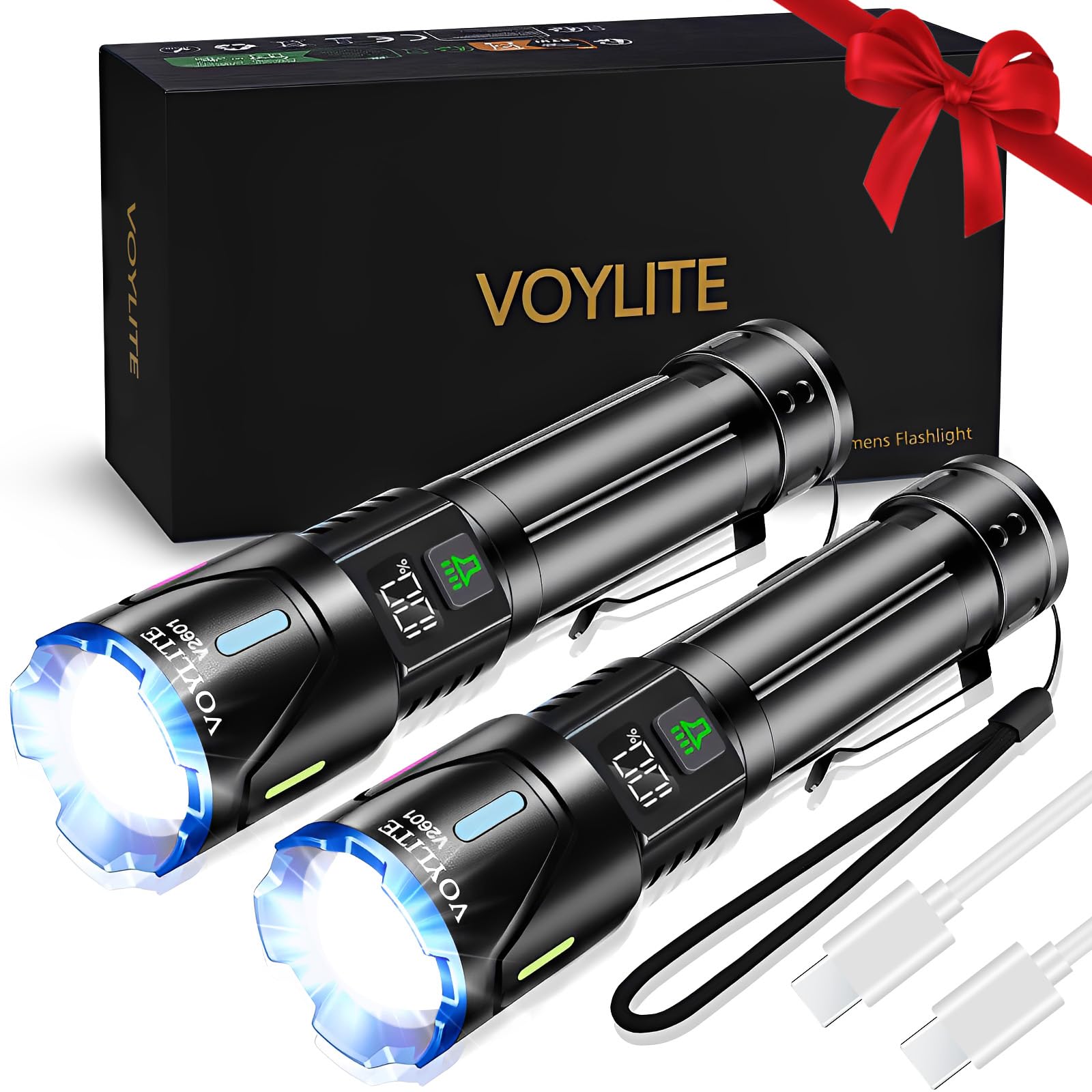 Voylite Taschenlampe LED Aufladbar 2-Stück, 1000000 Lumen Extrem Hell, Bis zu 1500m Reichweite, 3 Leuchtmodi & Zoombar, IPX7 Wasserdicht, Taktische LED Taschenlampe für Camping/Outdoor/Wandern