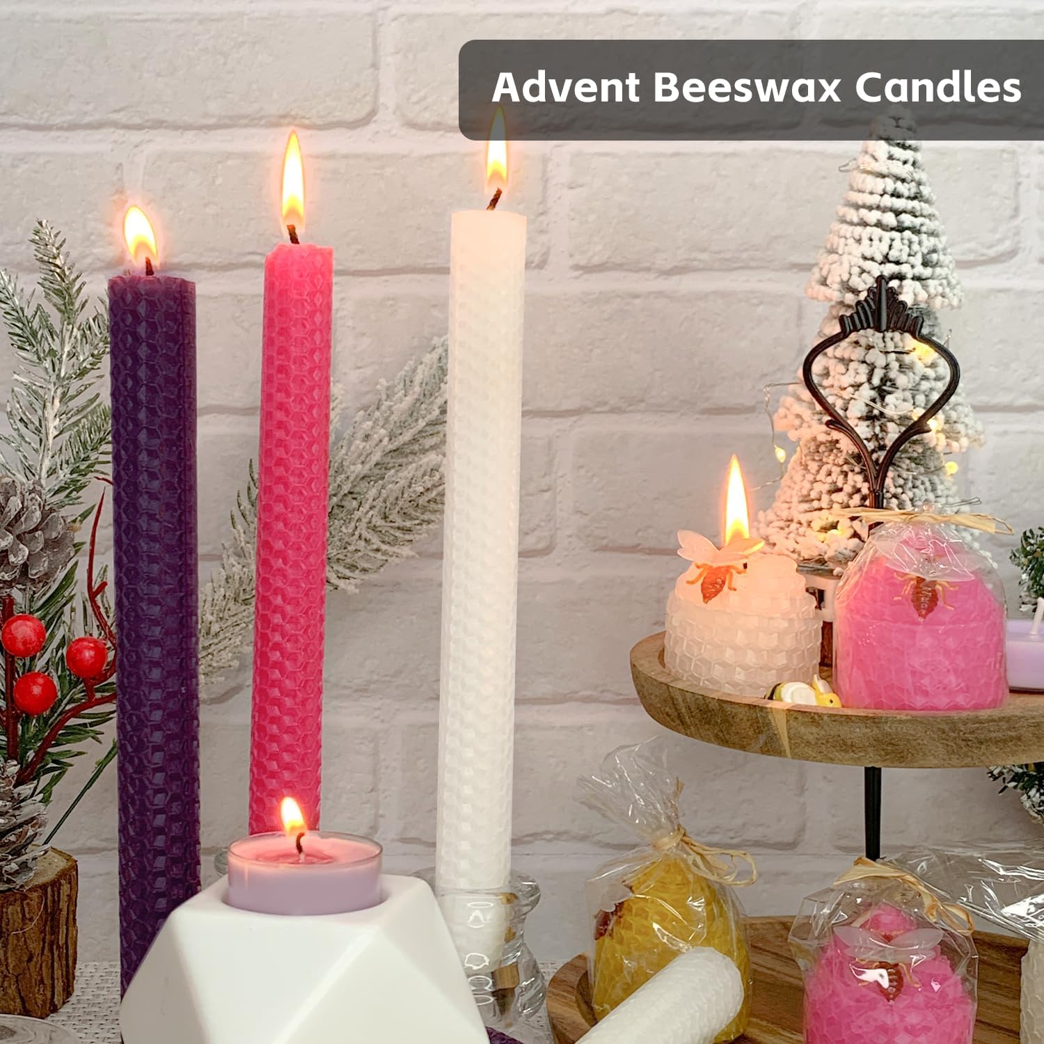 Purple & Pink Beeswax Taper Candles for Advent Day by Lacaser,9" Tall Candle, Unscented & Dripless, 4 Hour Burn Time