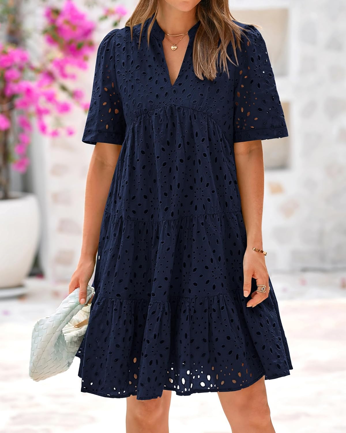BTFBM Womens Boho Summer Dresses 2026 Spring V Neck Short Sleeve Hollow Out Lace Ruffle Casual Beach Mini Vacation Dress - Image 2