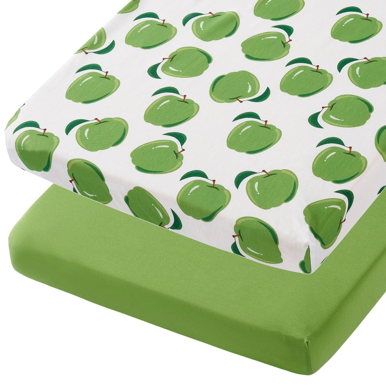 TILLYOU Spannbettlaken für Kinderbetten, 2er-Pack, Packung und Spiellaken für Kleinkindermatratzen, weich und atmungsaktiv, 96,5 x 61 cm, Pack n Play Matratzenbezug, Apfel- und Fruchtgrün