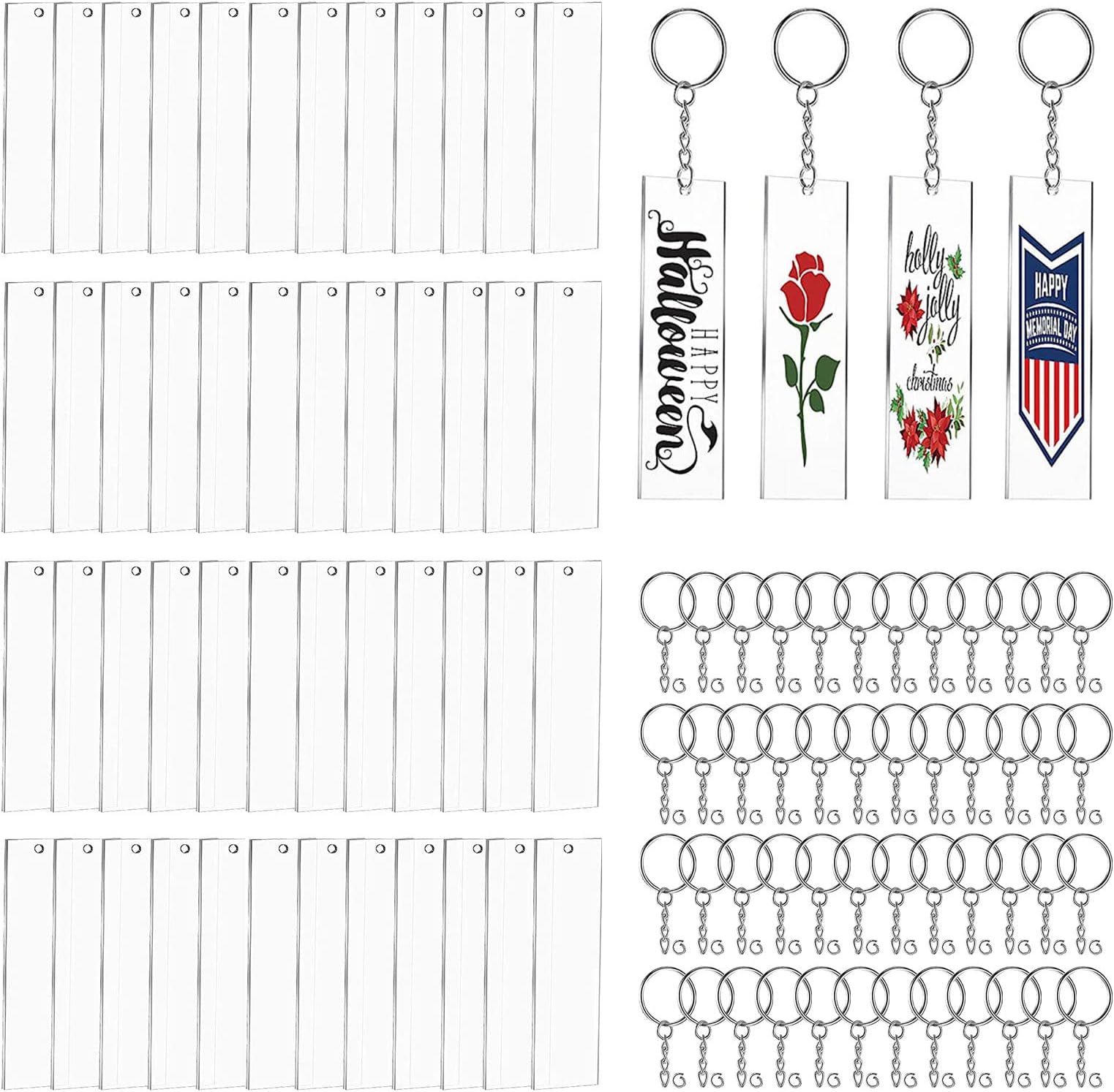 Acrylic Keychain Blanks,48 Sets of Clear Keychains Including Rectangle Clear Acrylic Ornament Blanks (2 x 8cm),Key Rings with Chain and Jump Rings for Vinyl Crafting DIY