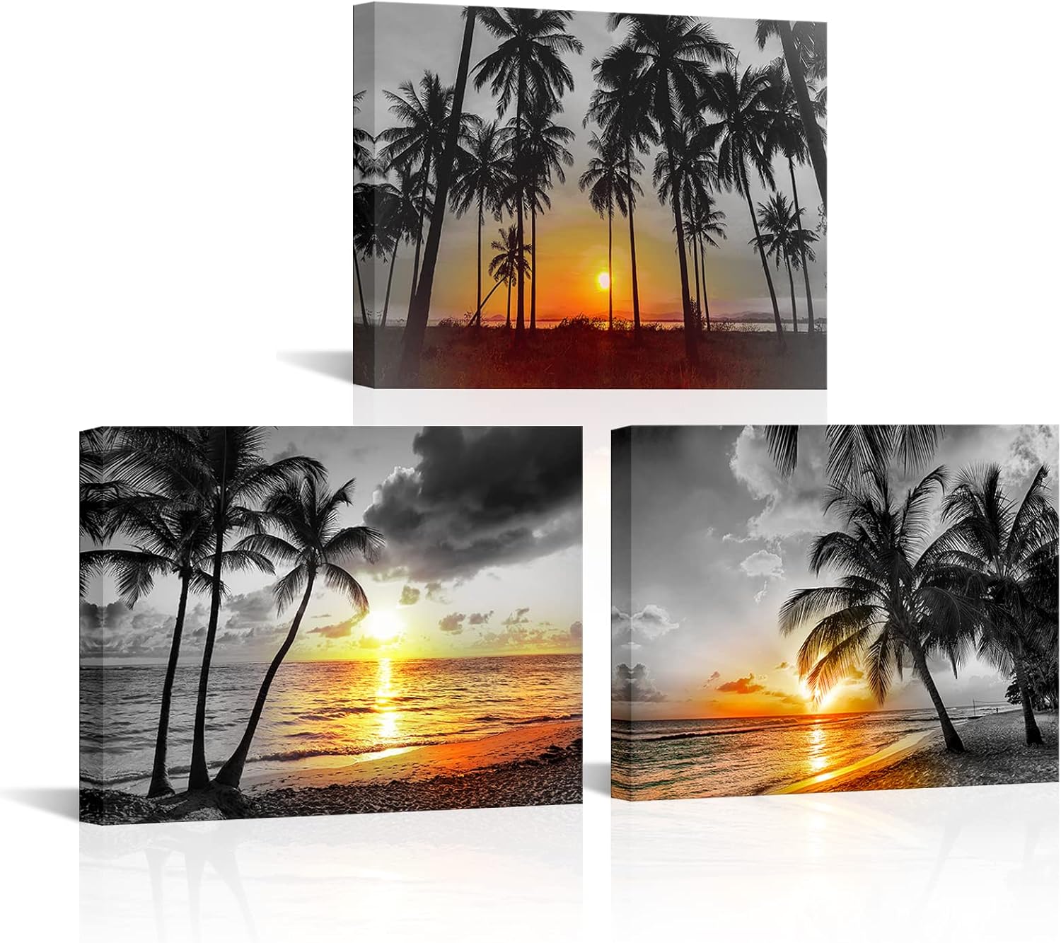 RnnJoile 3 Panel Black and White Beach Canvas Wall Art Gold Palm Tree Sunset at Tropical Seaside Painting Pictures Framed Hawaii Theme Print Artwork for Home Office Decor 12"x16"