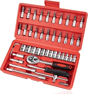 Beaiguna 46PCS 1/4 Inch Compact Ratchet Wrench Socket Set - Metric Sockets, Bits, Extensions for Car Repairs & Tight Spaces