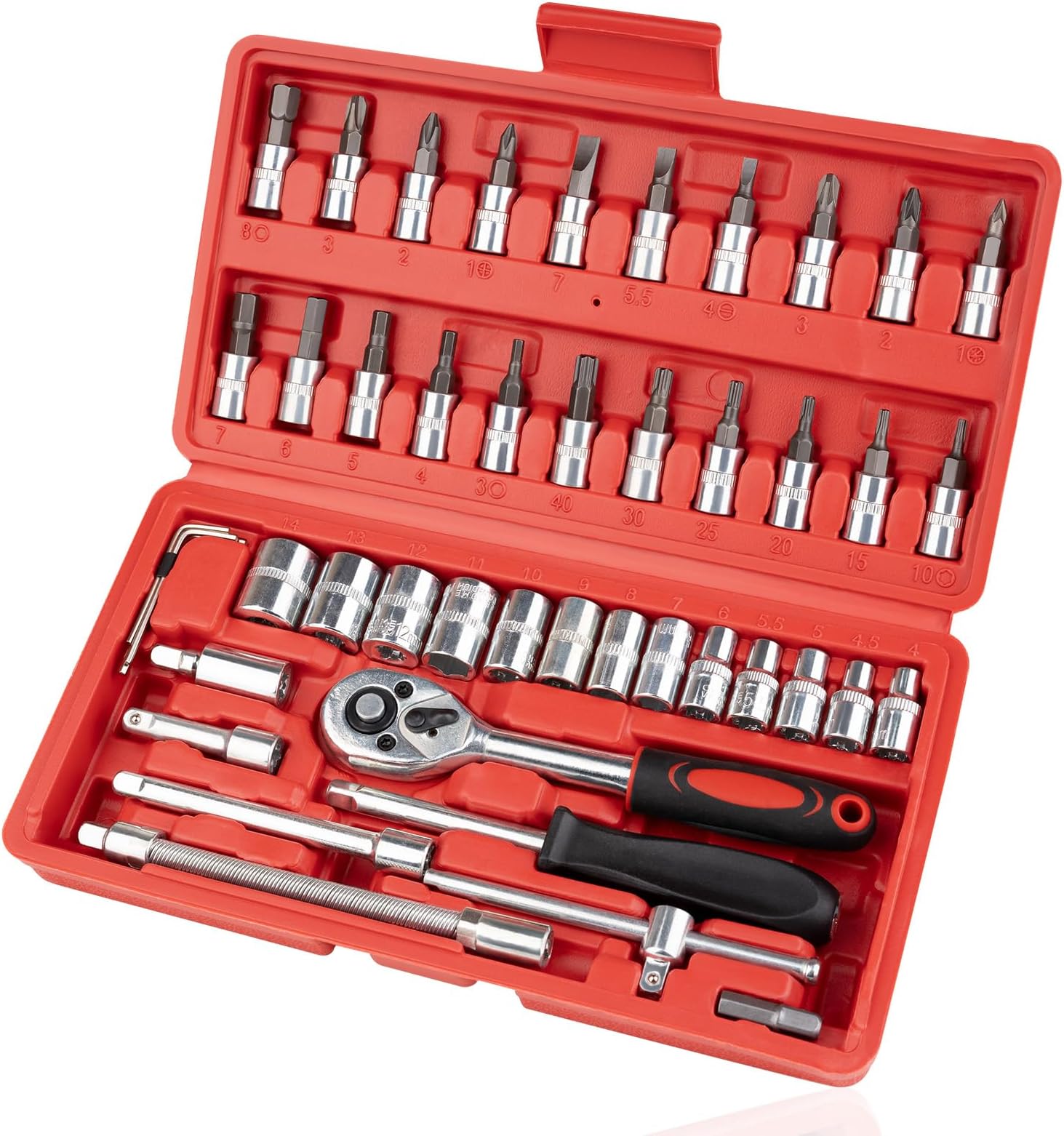 Beaiguna 46PCS Small Drive Socket Ratchet Wrench Screwdriver Set, 1/4 Inch Metric Socket and Ratchet Wrench Set with Extension Bar, Upgrade Compact Tool Set for Car