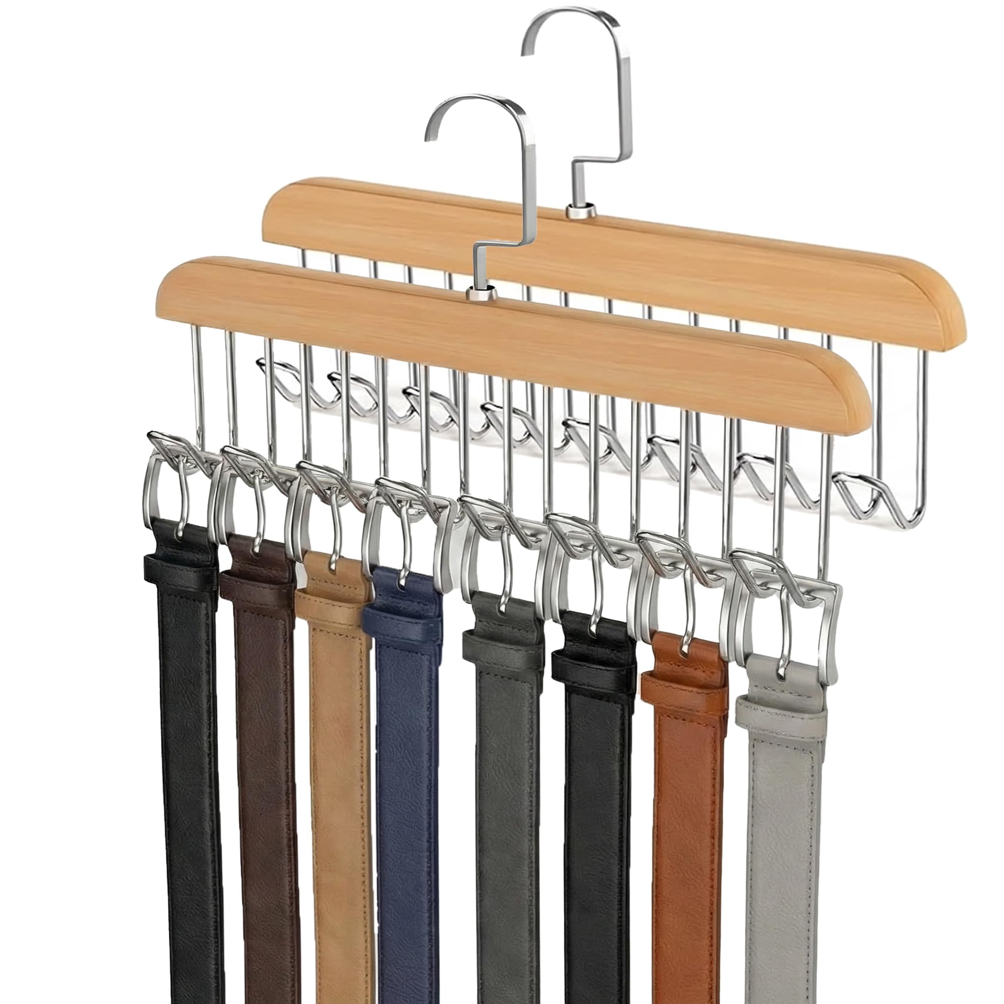 Wooden Belt Hanger 2 Pack, 8-Hook Swivel Belt Organizer for Closet