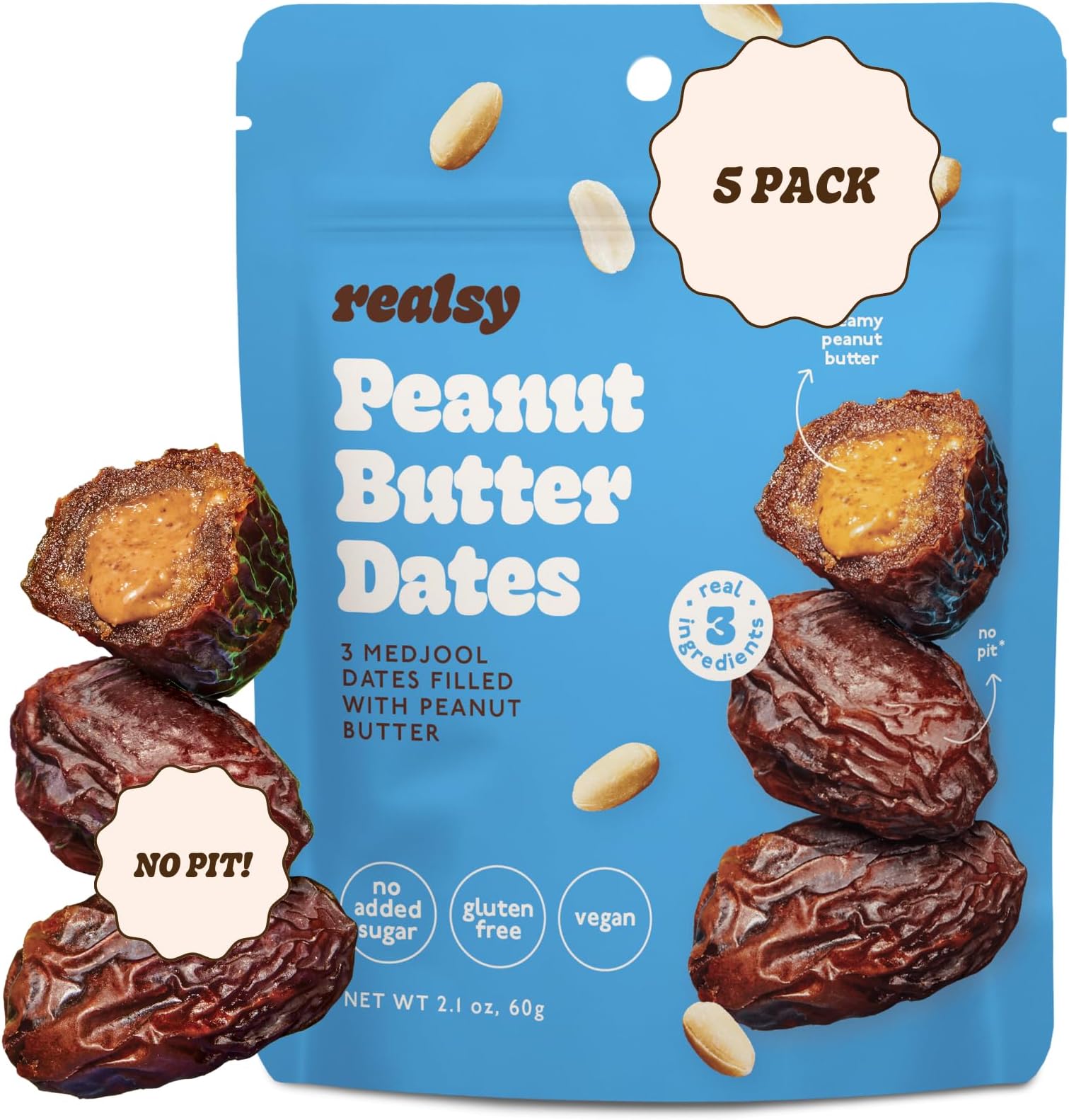 Pitted & Stuffed Medjool Dates, Organic Dates with No Sugar Added, Gluten-Free, Vegan, Good Source of Fiber, Low Glycemic Index, All Natural Healthy Snack (Peanut Butter 5 pack)