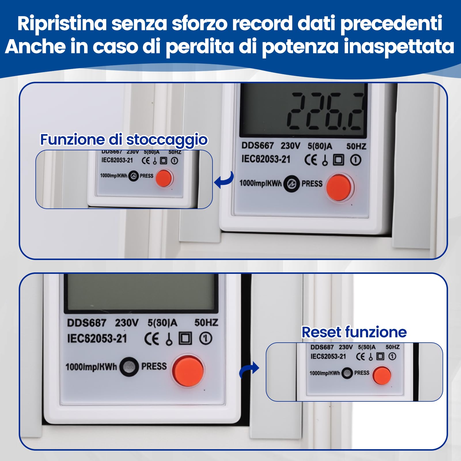 Contatore Elettrico Digitale Portatile, 80A 230V Contatore Intelligente Mobile con Display LCD e Pulsante di Reset, alloggiamento Impermeabile IP65, per Camper eveicoli elettrici
