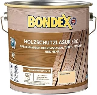 Bondex Holzschutzlaur 3in1, 4 L für 64 m² / Farblos / Wasserbasierende Lasur / Filmschutz, Grundierung und Endbeschichtung / Exzellenter UV- & Feuchtigkeitsschutz