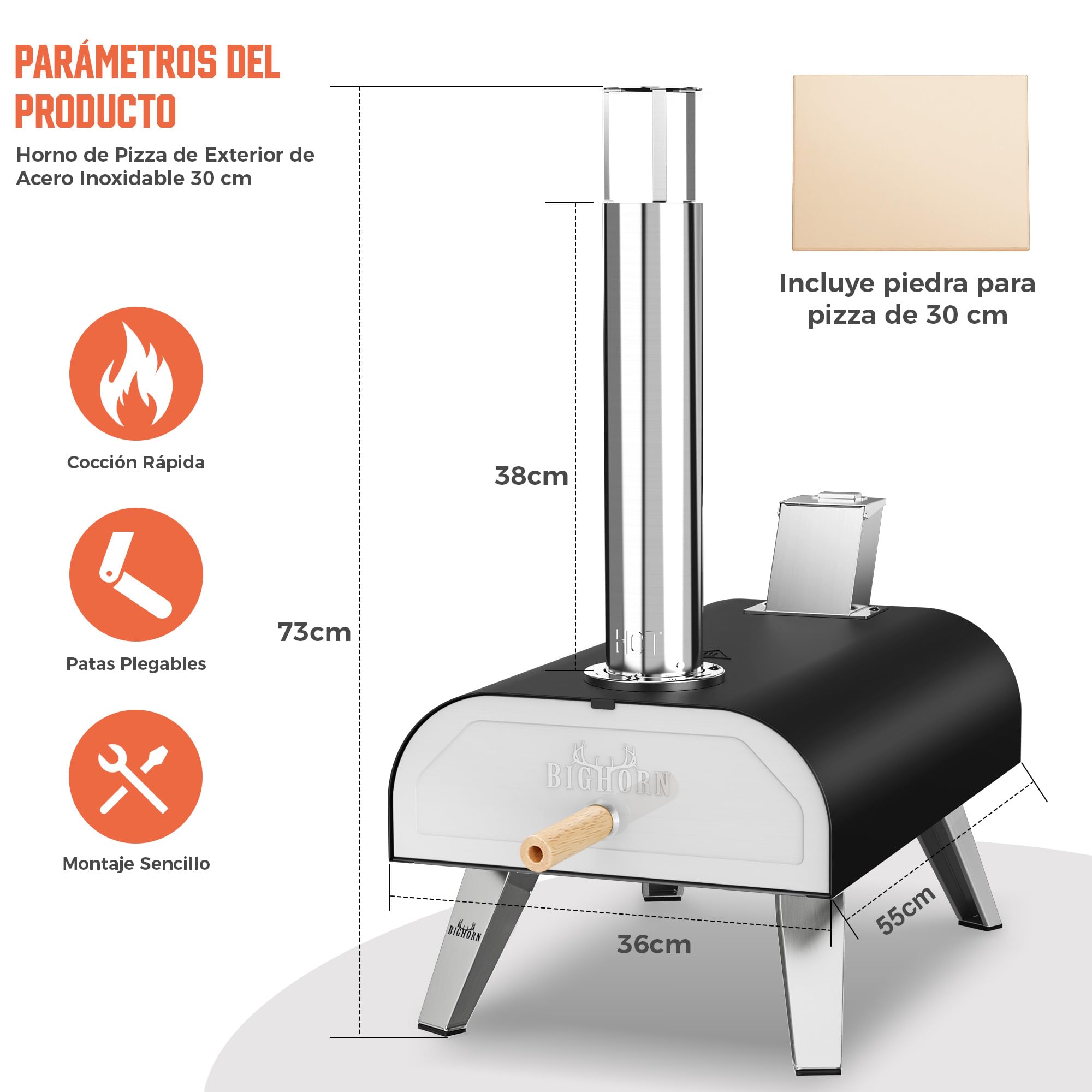 BIG HORN OUTDOORS Horno de Pizza a Pellets de Madera para Exteriores, 12 Pulgadas con Piedra de Horneado, Portátil para Patio, Camping y Fiestas, Negro