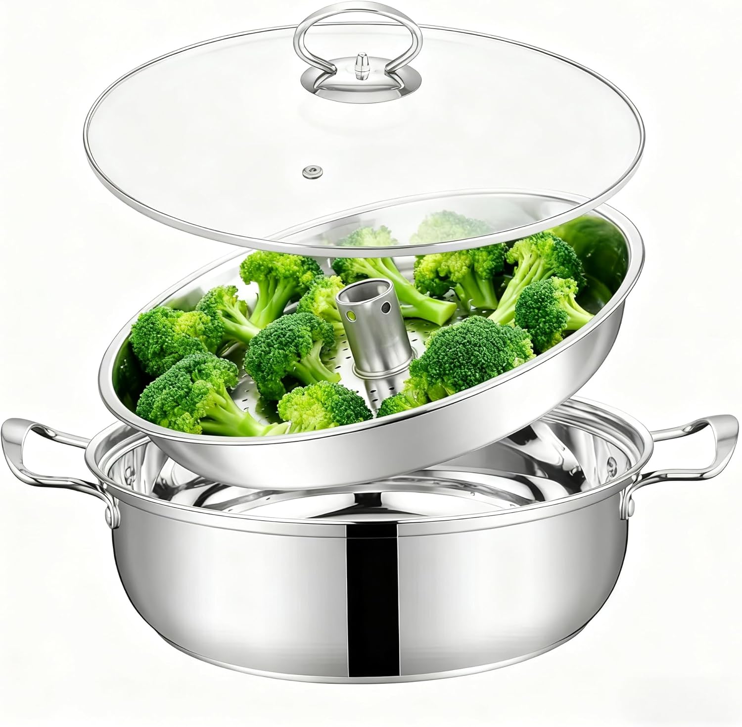 Broccoli Steamer Pot for Stovetop with Central Steam Vent – Stainless Steel Vegetable Steaming Pot with Perforated Basket and Glass Lid – Single-Layer Steamer for Broccoli and Greens