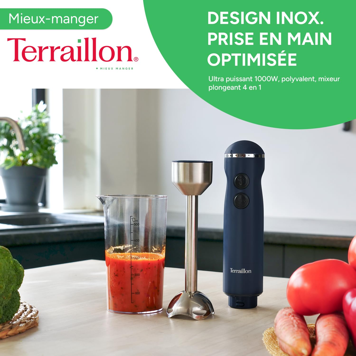 TERRAILLON - NEW MOON- Mixeur plongeant Electrique, Lames Inox, Fonction Turbo, 1000W, VItesse variable, Gobelet doseur, fouet inox, Hachoir 600 ml, Presse purée, Corps Inox peint, Bleu