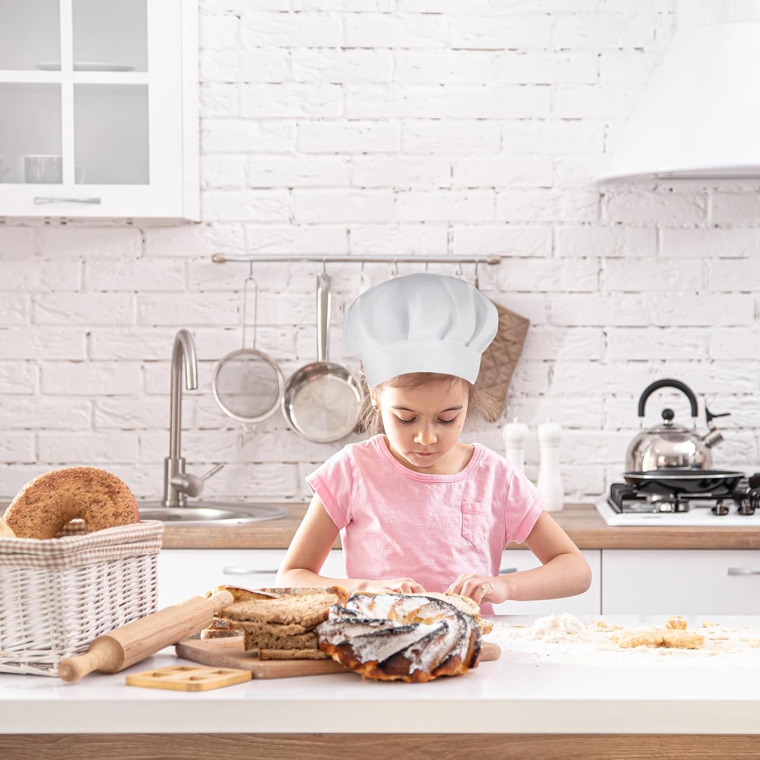 2 Pack Kids Chef Hats Elastic Cotton Chef Caps for Children, Cooking Baking Cap Comfortable & Durable Kitchen Chef Caps for Party School Home White