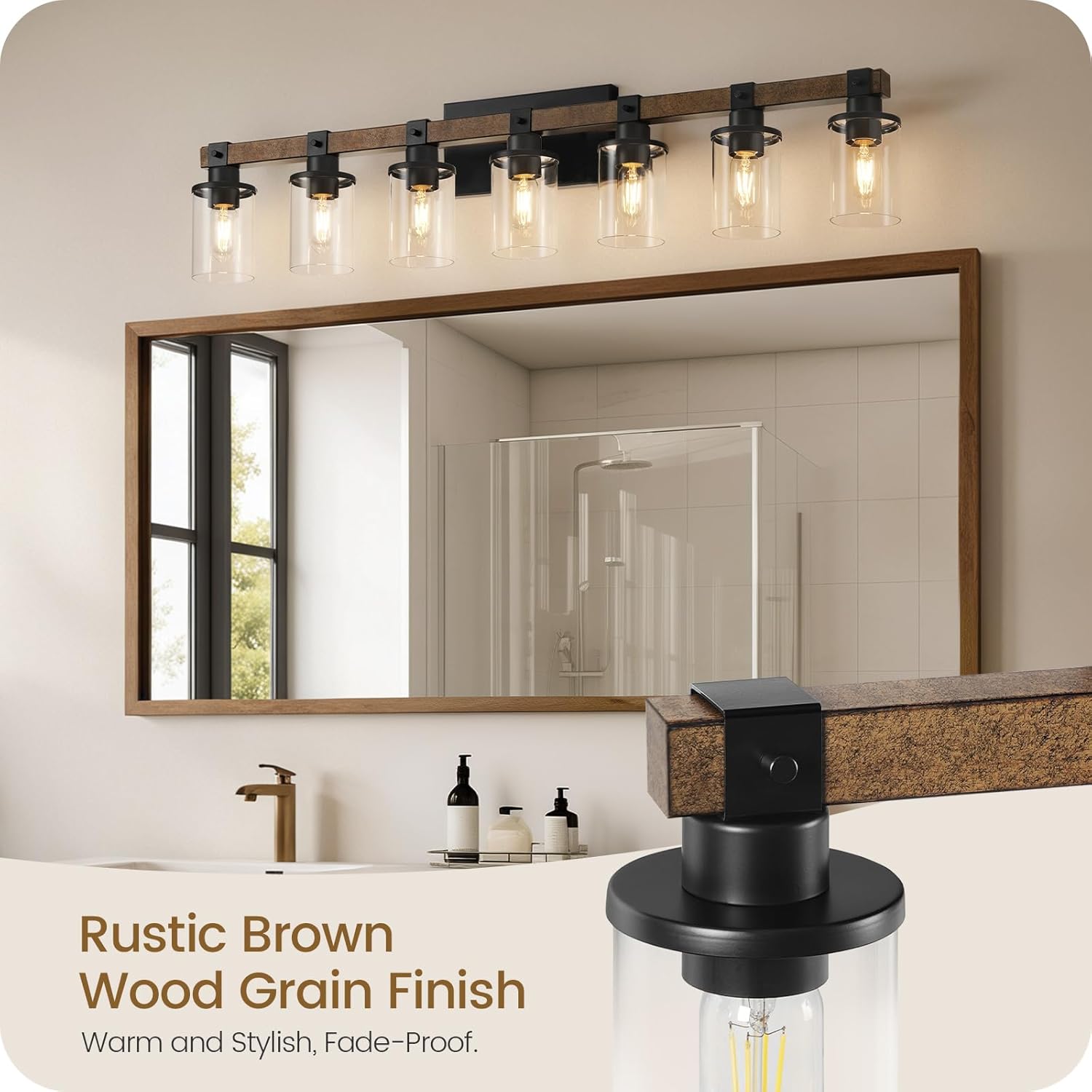7-Light Bathroom Light Fixture, Farmhouse Vanity Lights for Bathroom with Glass Shade, Rustic Bathroom Light Fixtures, E26 Base F16BD05