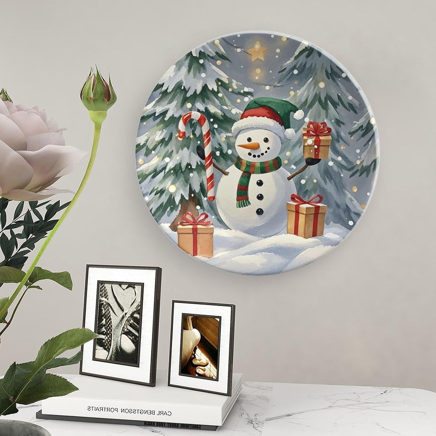Snowman Giving Gifts Bone China Decorative Plate with Display Stand, Ceramic Ornaments Plate for Wall Hanging, Personalized Porcelain Plates for Office, Living Room 8inch