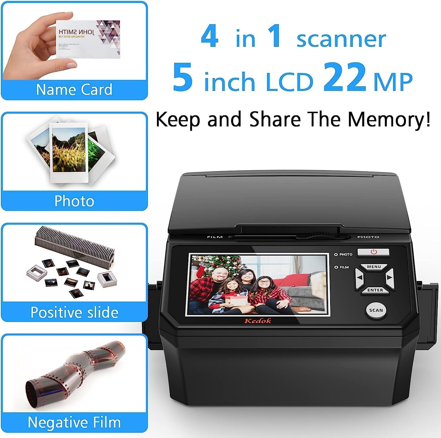 Scanner de Diapositives numérique 22 MP avec écran LCD 5 Pouces - Convertit Facilement des Films/Photos et Cartes de Visite 35 mm, 110 au Format JPEG, Carte mémoire de 8 Go Incluse