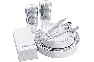 FOCUSLINE 175-Piece Silver Plates for Party Guest