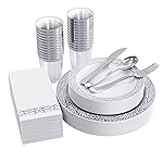 FOCUSLINE 175 Ct Silver Dinnerware Set for 25 Guests, Plastic Plates with Silver Lace Rim Design, Including 25 Disposable Dinner & Dessert Plates, Cups, Napkins, Cutlery Set