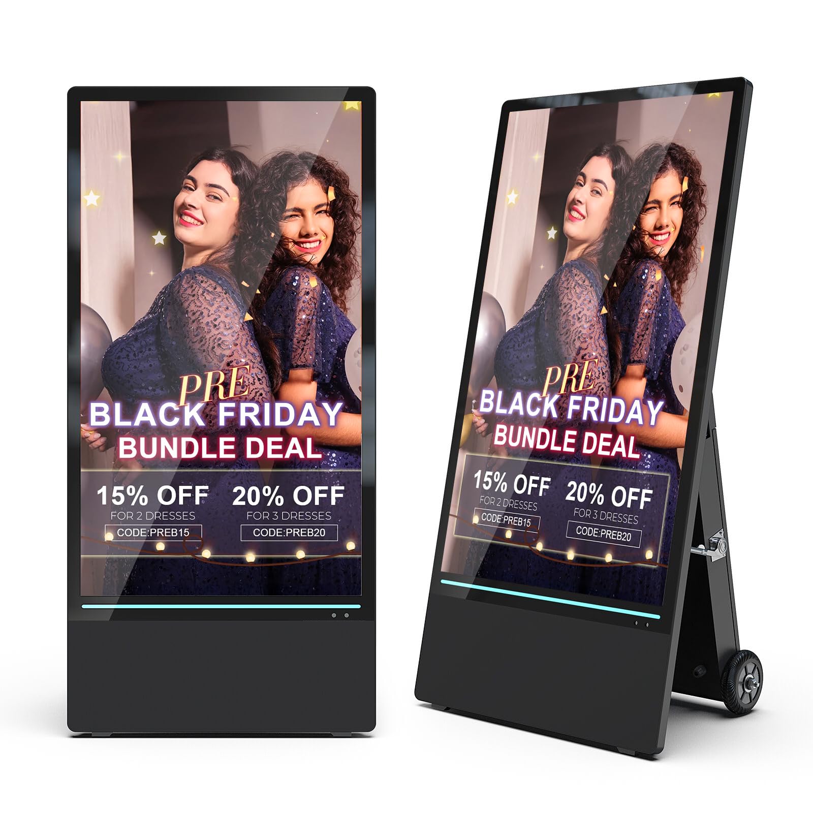 43 Inch Outdoor Digital Signage Kiosk, IP65 Waterproof Portable A-Frame LCD Display with Rechargeable Battery, 2000-Nit Auto-Brightness and Impact-Resistant Screen for Retail Store