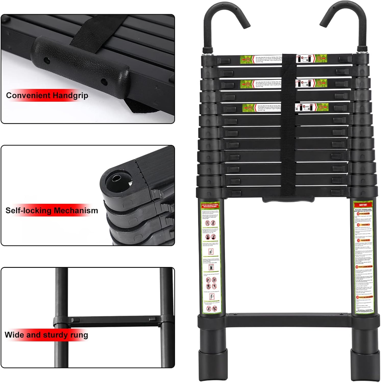 Telescopic Ladder, 10.5FT RIKADE Aluminum Telescoping Ladder with Non-Slip Feet and Stable Hook, Portable Extension Ladder for Household and Outdoor Working, 330lb Capacity - - 