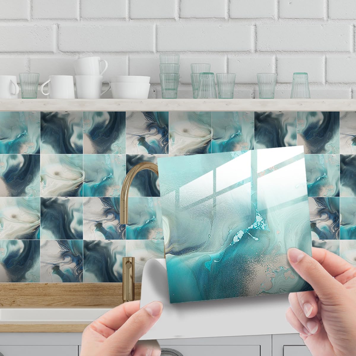 HORIWE Tile Stickers Marble Adhesive Tile Art Wall Decal Sticker DIY Kitchen Bathroom Backsplash Home Decor PVC Waterproof Oil Proof New 4x4 Inches 20pc