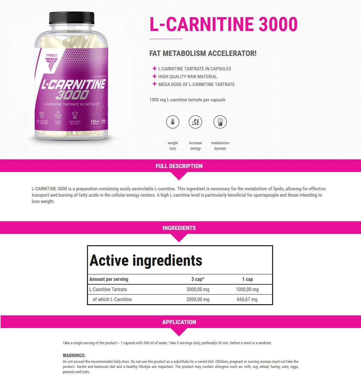 TREC Nutrition L-CARNITINE 3000-60 Capsules - high Strength - Weight Loss  Fat Burner
