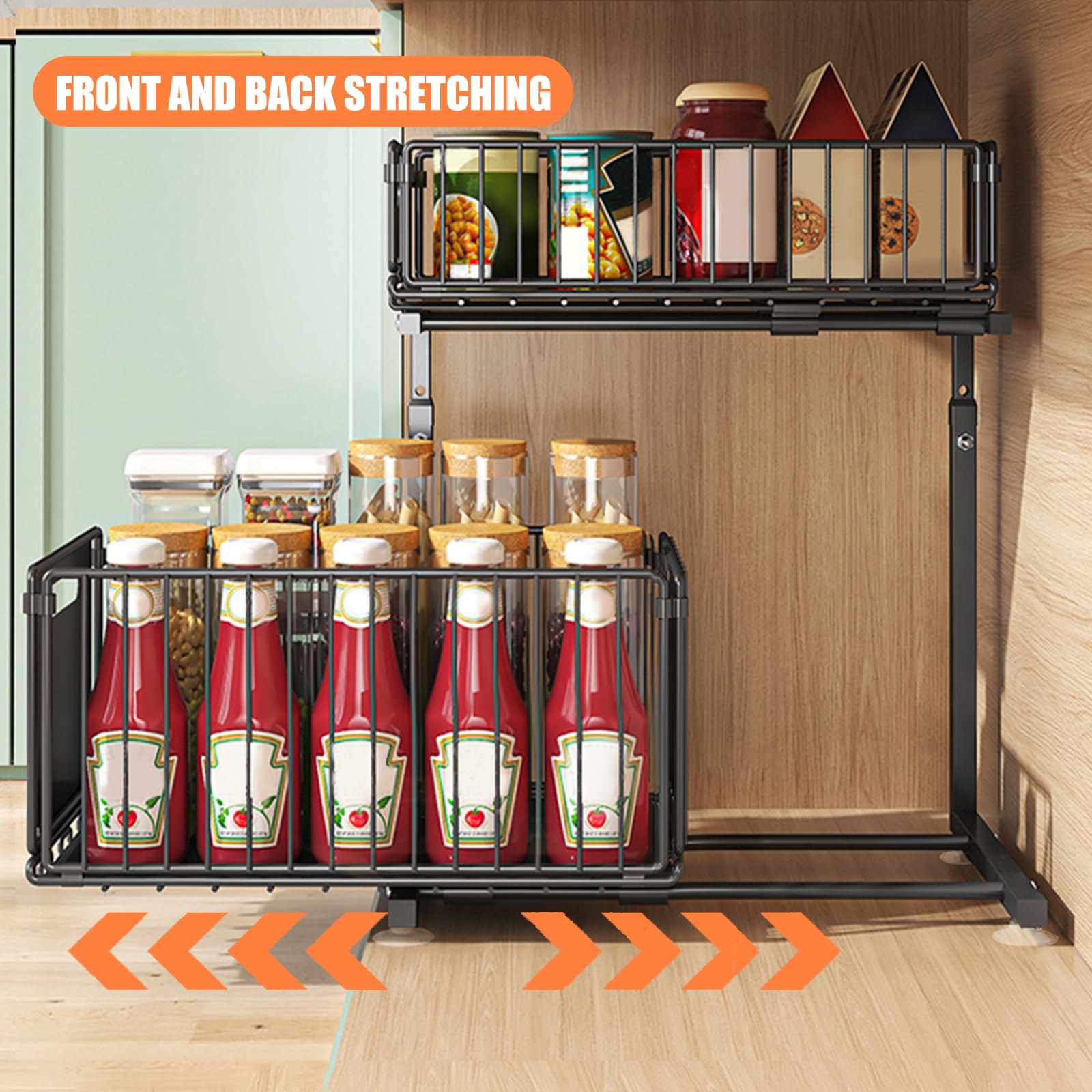 Supfine - Organizador bajo fregadero de 2 niveles con cajones deslizantes, acero al carbono, altura ajustable, almacenamiento bajo fregadero, para cocina, oficina, baño (2, negro)