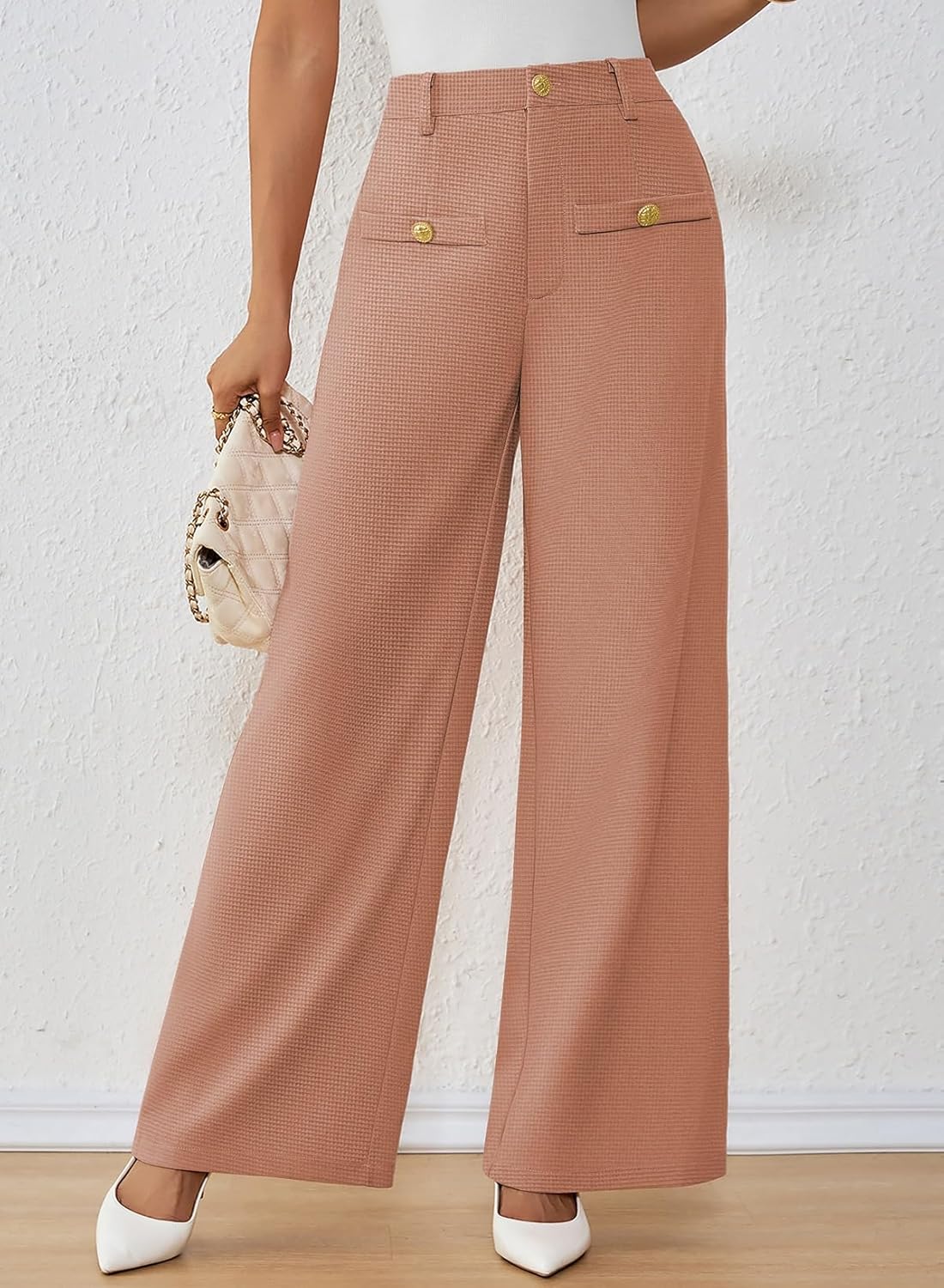 Pink Queen Wide Leg Dress Pants for Womens High Waist Pants for Work Button Decor Textured Long Trousers Slacks - Image 5