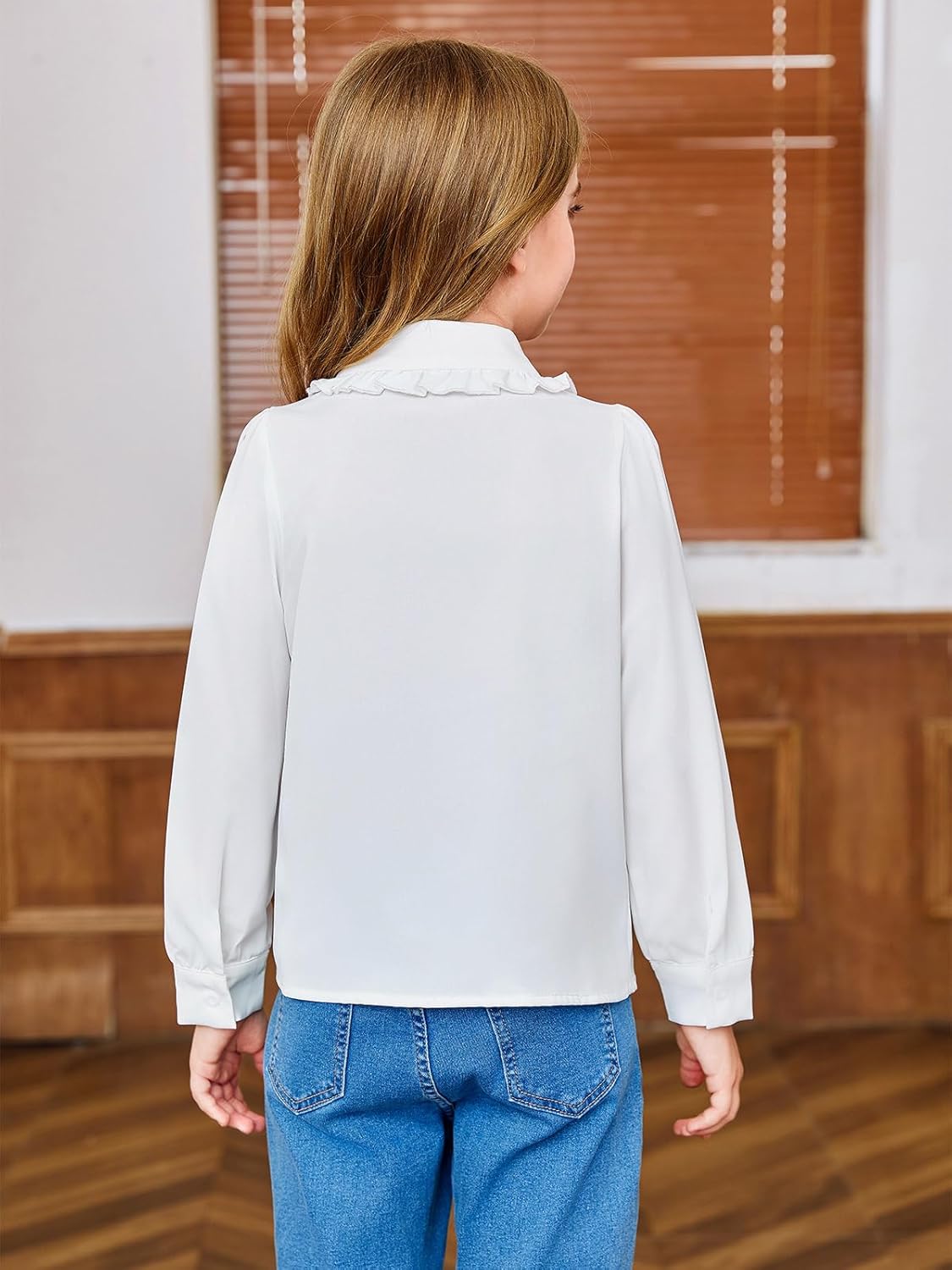 Haloumoning Girls Puff Long Sleeve Shirts Cute Casual Peter Pan Collar Blouse Ruffle Button Down Chiffon Tops 7-14 Years - Image 4