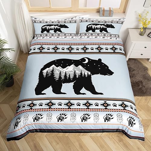 Erosebridal Juego de funda de edredón de oso salvaje, juego de ropa de cama azteca exótica para niños y niñas, funda de edredón de atrapasueños,