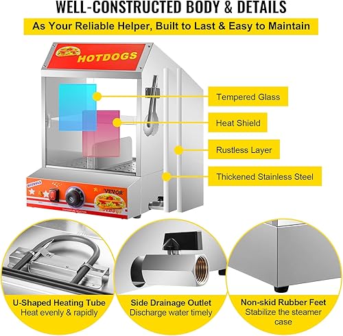 Miniatura 5 de VEVOR Vaporizador para perros calientes 27 l2452 cuartos de galón vaporizador de cabaña de 2 niveles para 175 perros calientes y 40 bollos olla