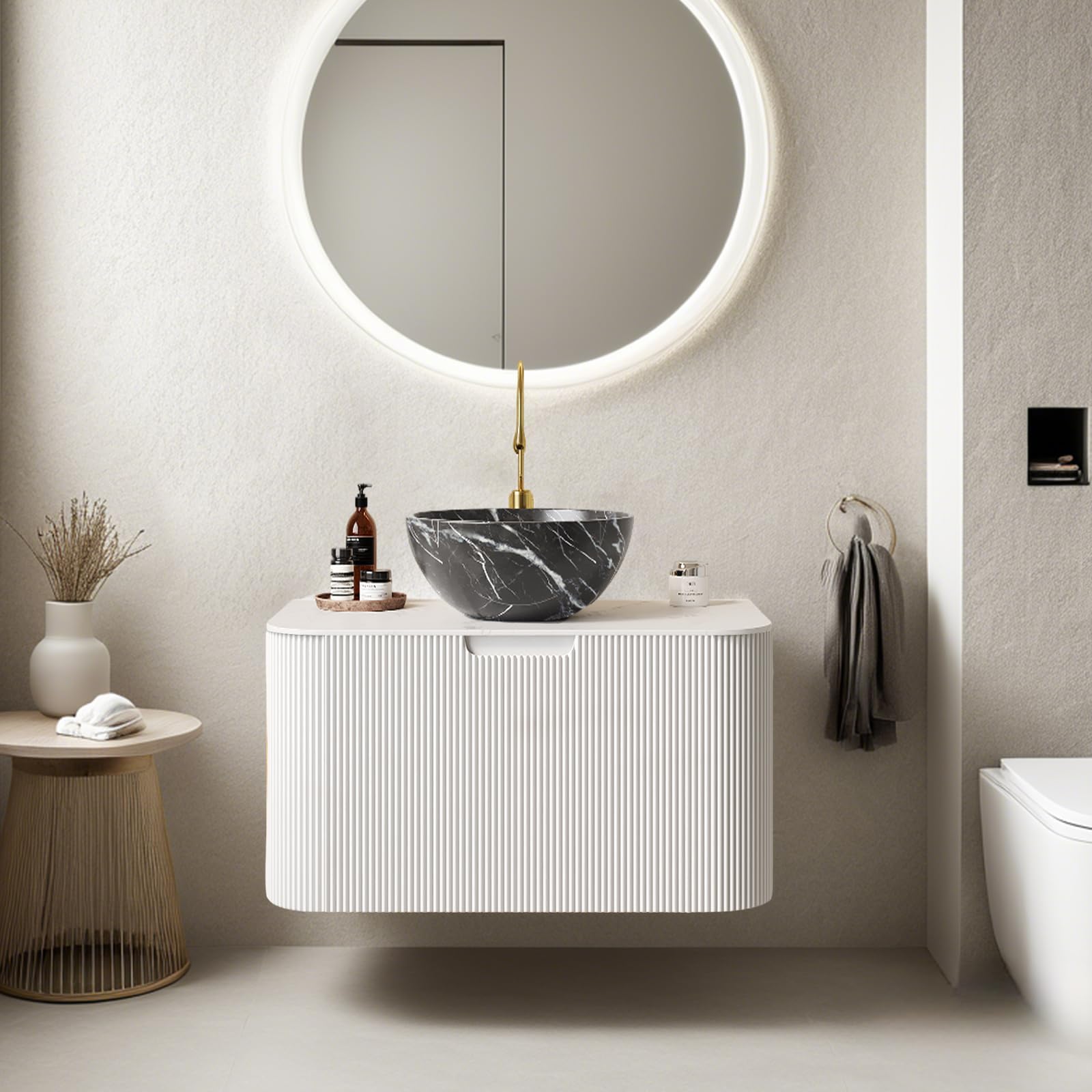 24" Floating Bathroom Vanity with Sink, Modern Bathroom Cabinet with Ultra-Thin Ceramic Basin and Marble Top, Extra Large Storage Drawer, Soft-Close Design, White with Black