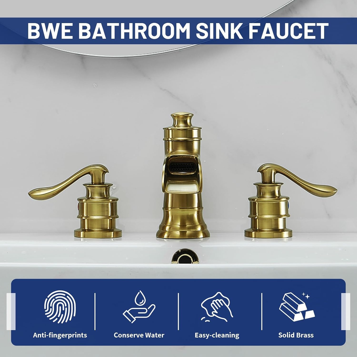 BWE Widespread Bathroom Faucet 3 Hole Brushed Gold Bathroom Sink Faucet Bundle with Brushed Gold Towel Racks for Bathroom Towel Rack for Rolled Towels Wall Mounted
