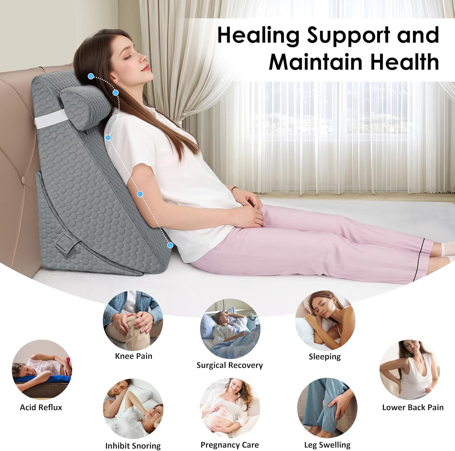 Bed Wedge Pillow for Sleeping, 3PCS Wedge Pillow Set for After Surgery, Adjustable 7 &12 inch Pillow Wedges for Acid Reflux Relief, Back Pain Relief, Sleep Apnea, Sitting Up, Headboard (Grey) - Image 3